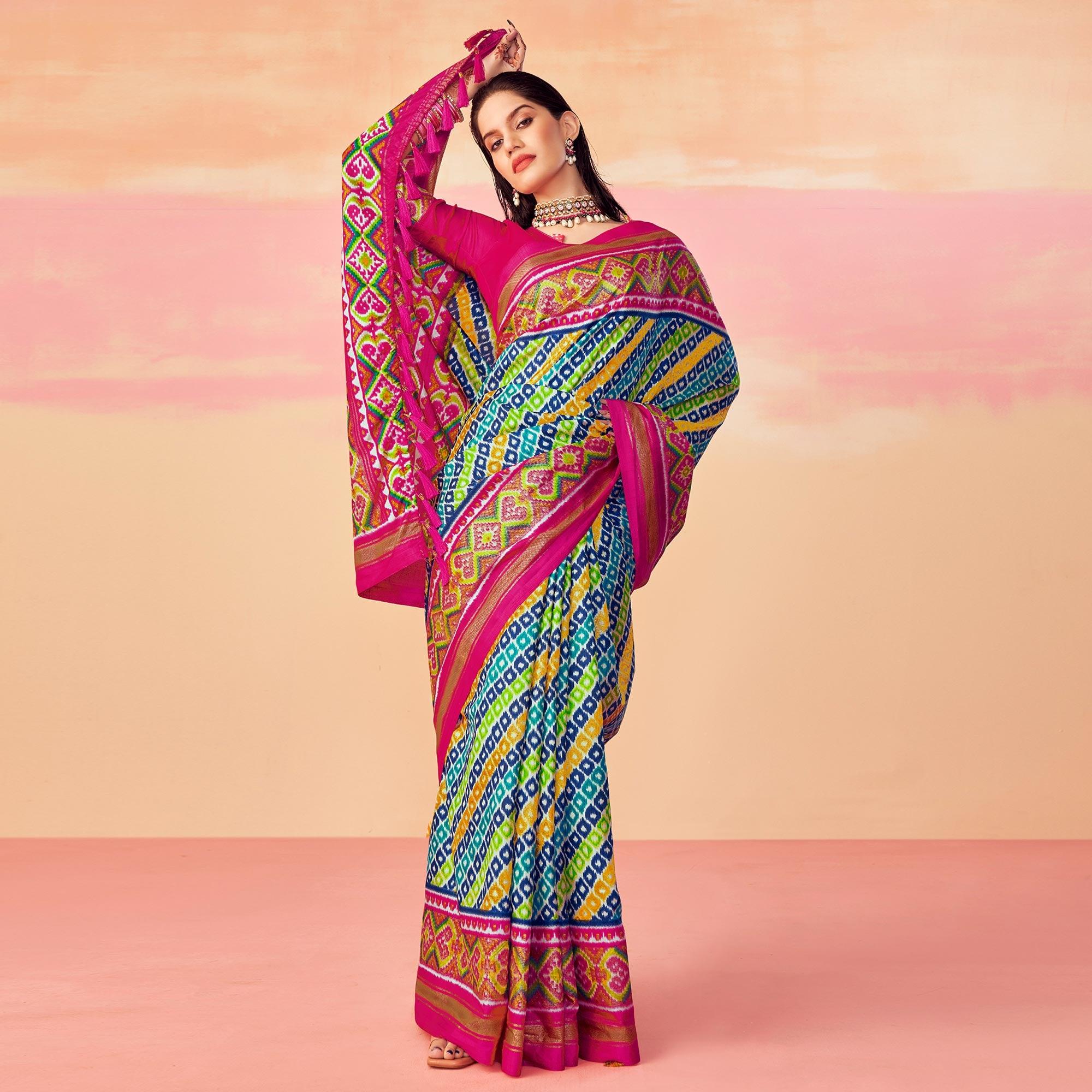 Multicolour Patola Printed Art Silk Saree With Tassels - Peachmode