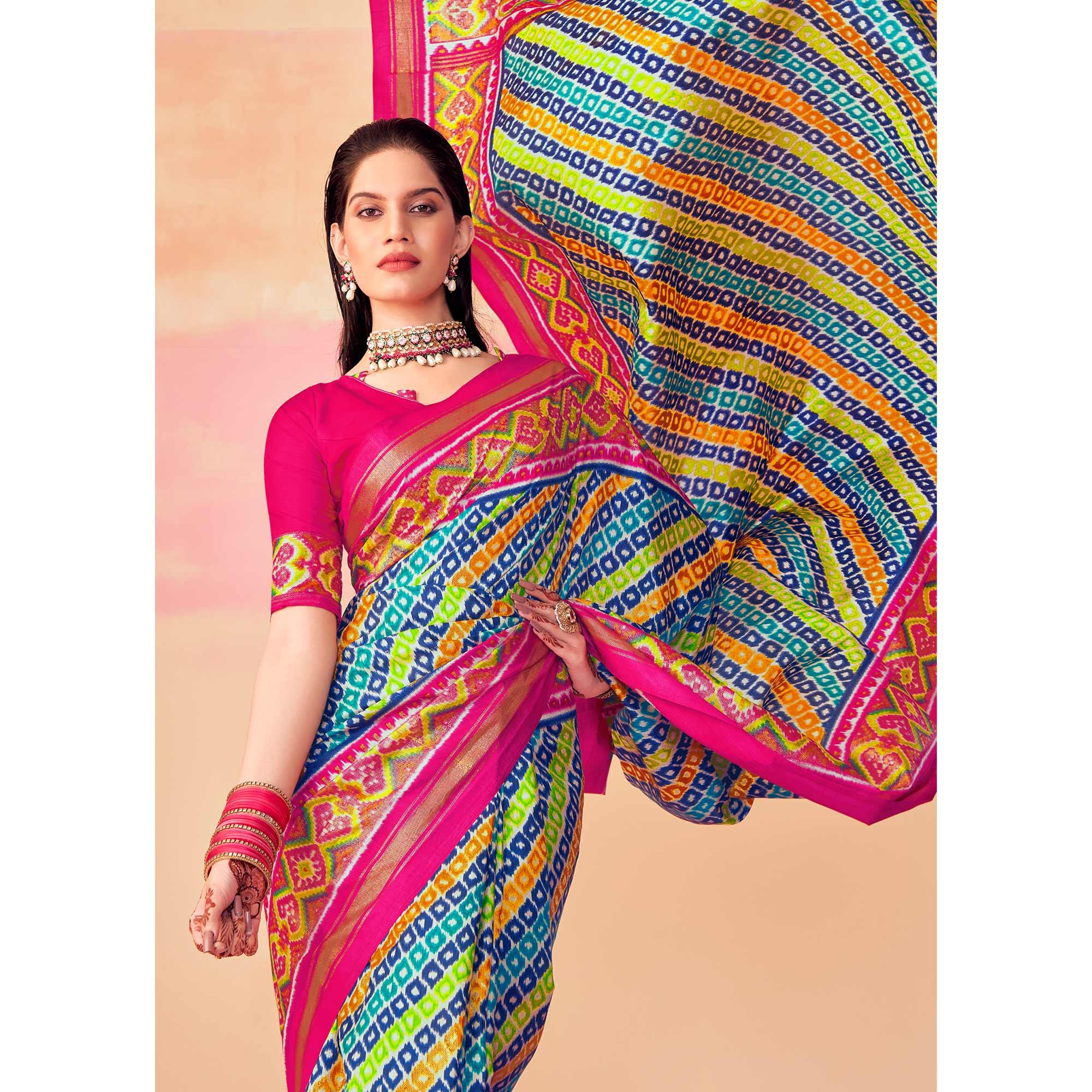 Multicolour Patola Printed Art Silk Saree With Tassels - Peachmode
