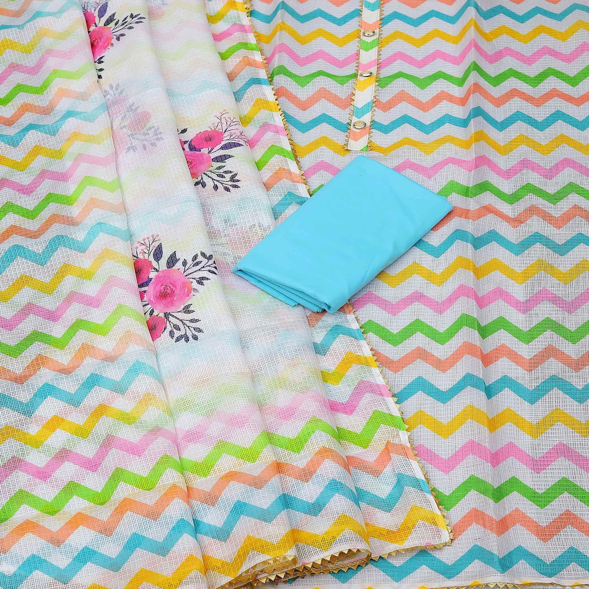 Multicolour Printed Kota Doriya Dress Material - Peachmode