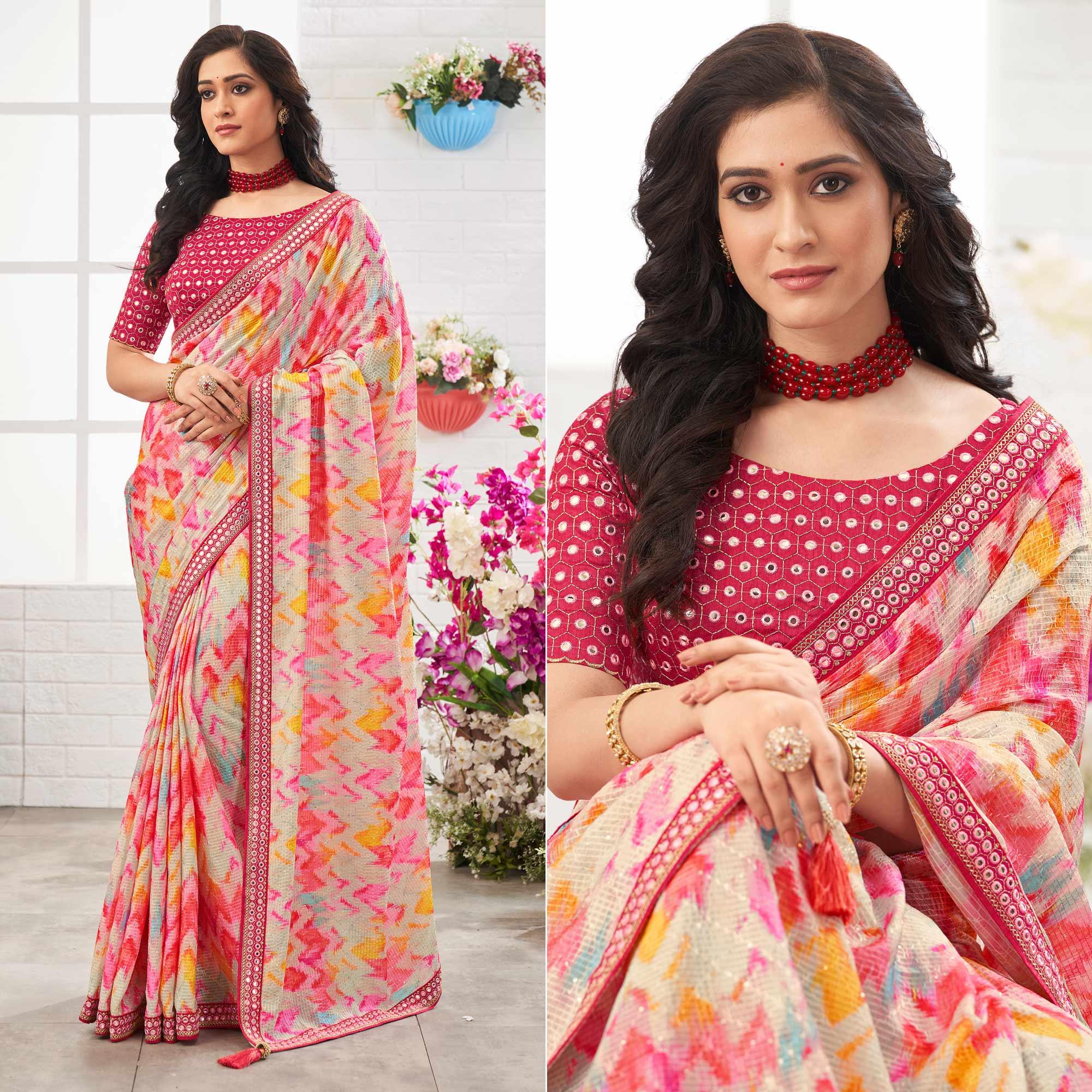 Multicolour Printed With Embellished Chiffon Saree With Tassels - Peachmode
