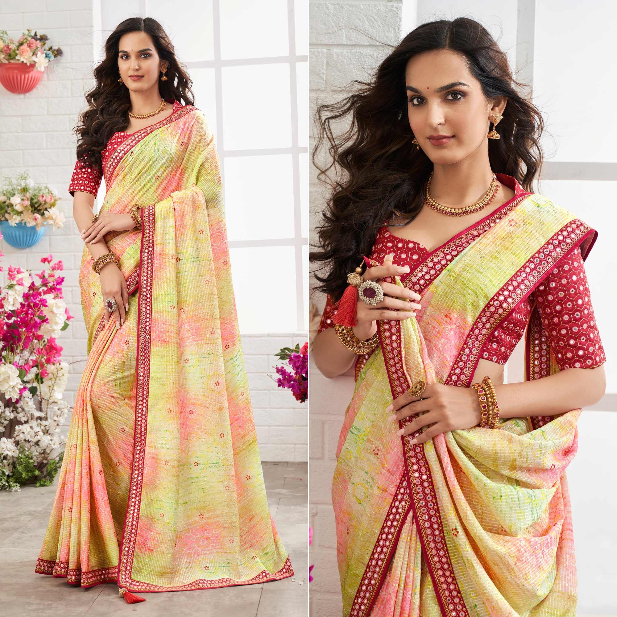 Multicolour Printed With Embellished Chiffon Saree With Tassels - Peachmode