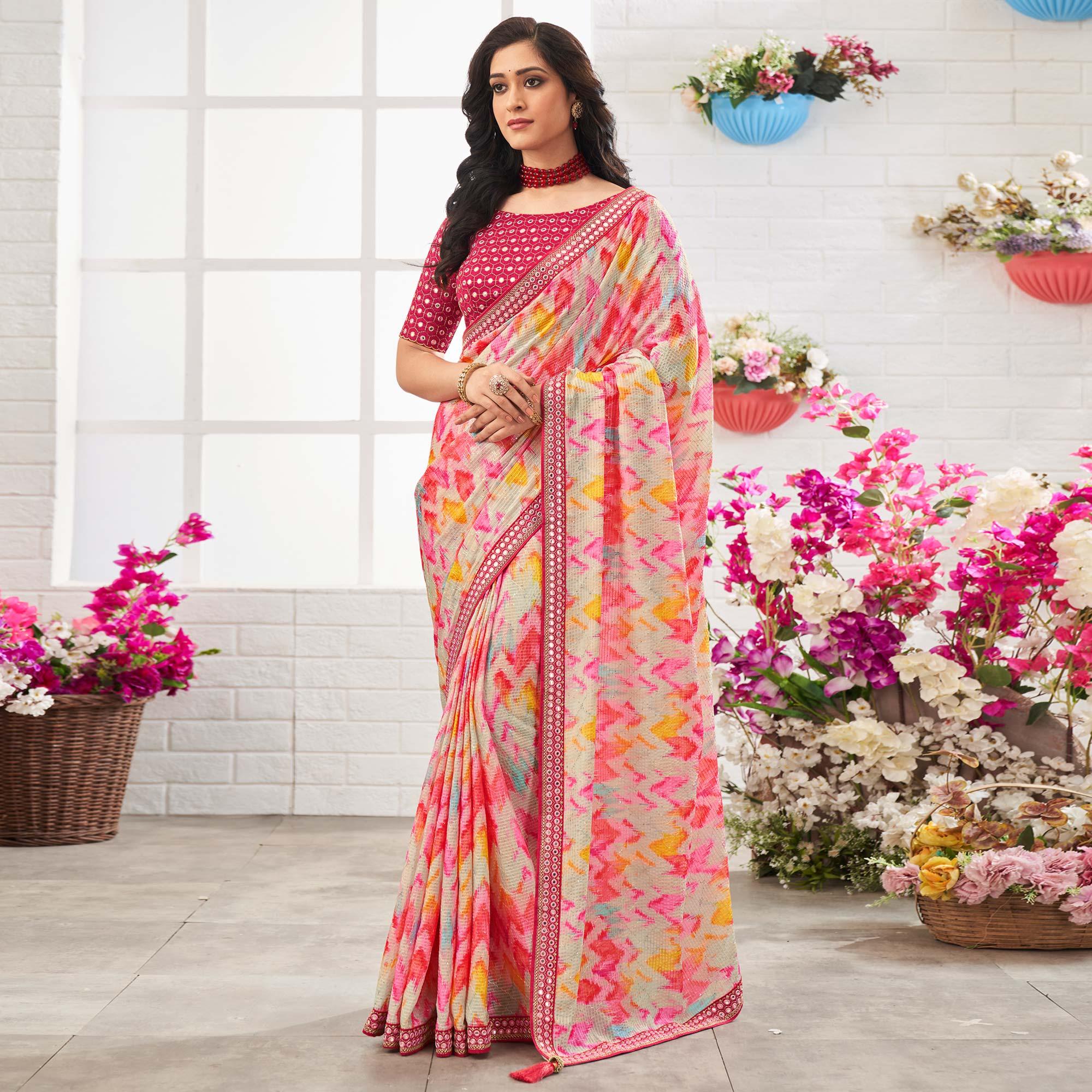 Multicolour Printed With Embellished Chiffon Saree With Tassels - Peachmode