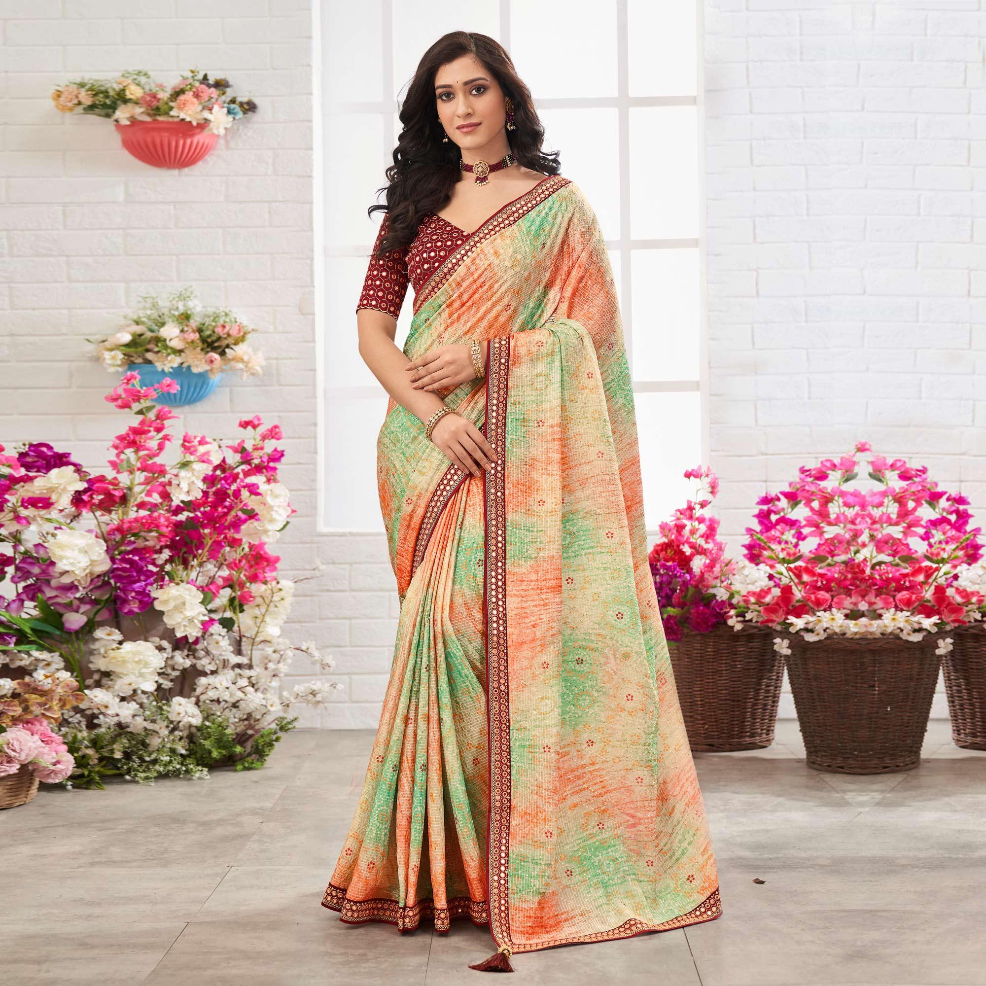 Multicolour Printed With Embellished Chiffon Saree With Tassels - Peachmode