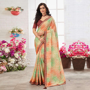 Multicolour Printed With Embellished Chiffon Saree With Tassels - Peachmode