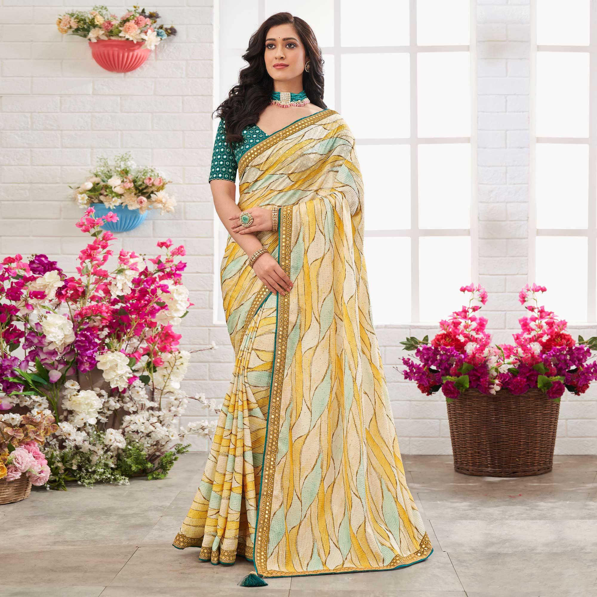 Multicolour Printed With Embellished Chiffon Saree With Tassels - Peachmode