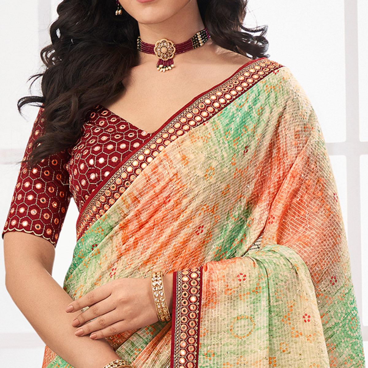 Multicolour Printed With Embellished Chiffon Saree With Tassels - Peachmode