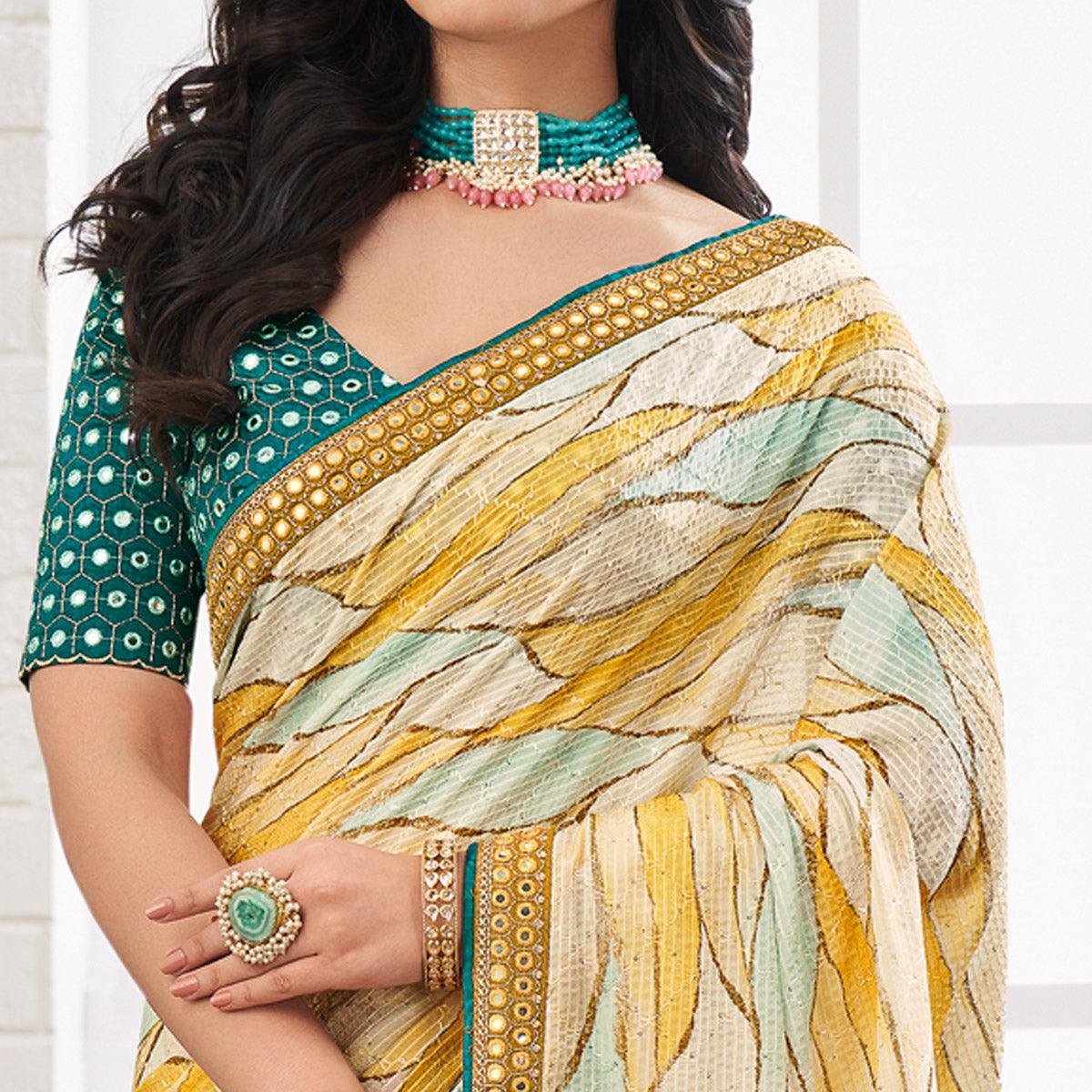 Multicolour Printed With Embellished Chiffon Saree With Tassels - Peachmode
