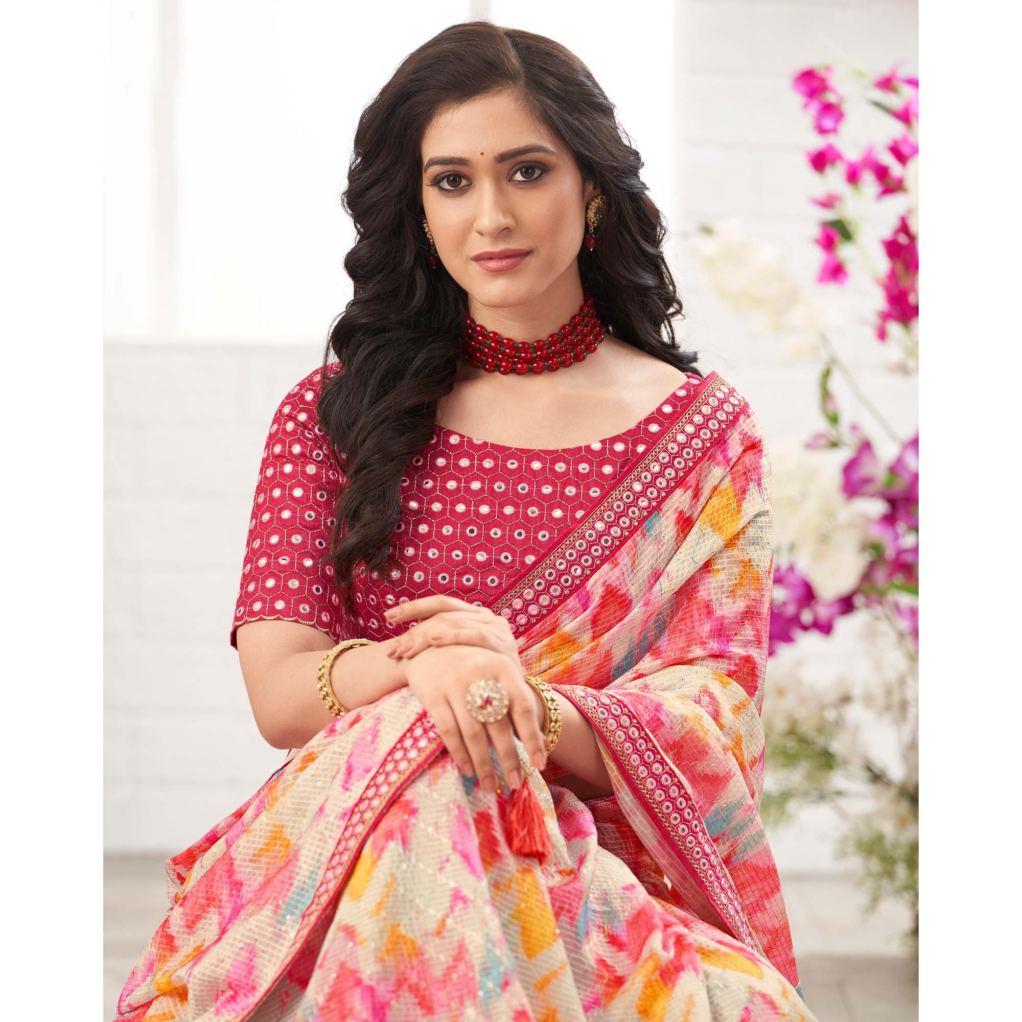 Multicolour Printed With Embellished Chiffon Saree With Tassels - Peachmode