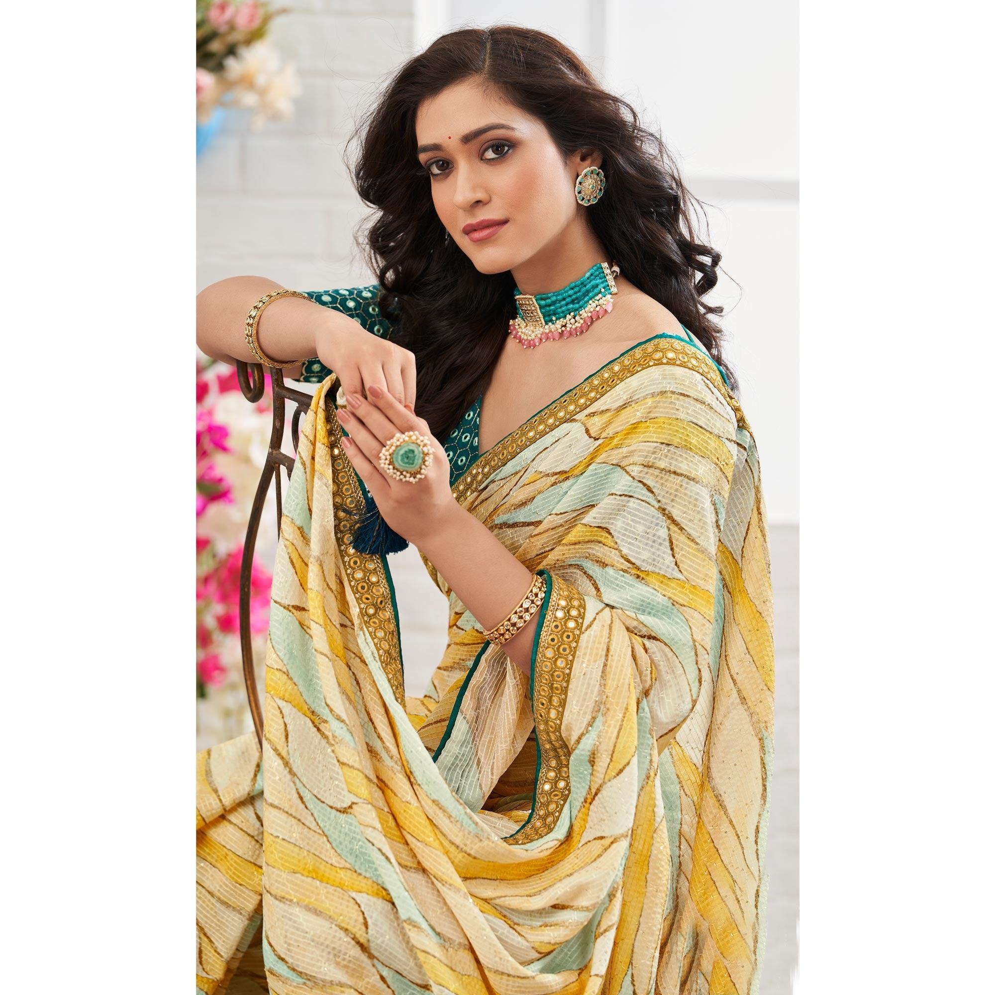 Multicolour Printed With Embellished Chiffon Saree With Tassels - Peachmode