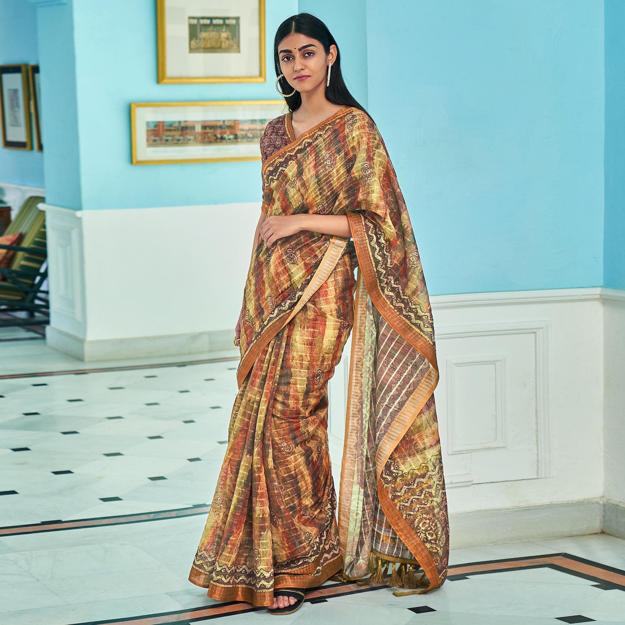 Multicolour Sequence Embroidered Linen Saree - Peachmode