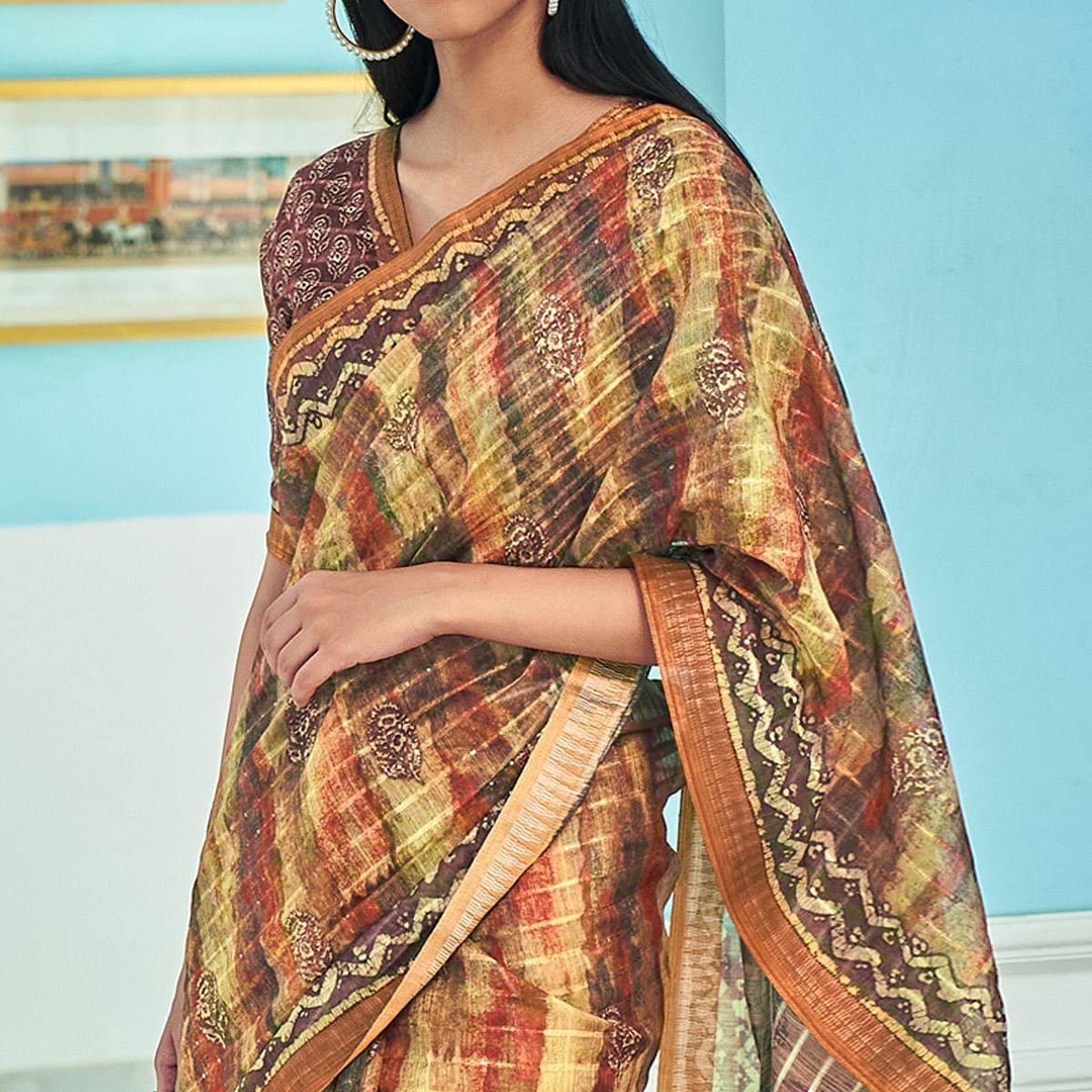 Multicolour Sequence Embroidered Linen Saree - Peachmode