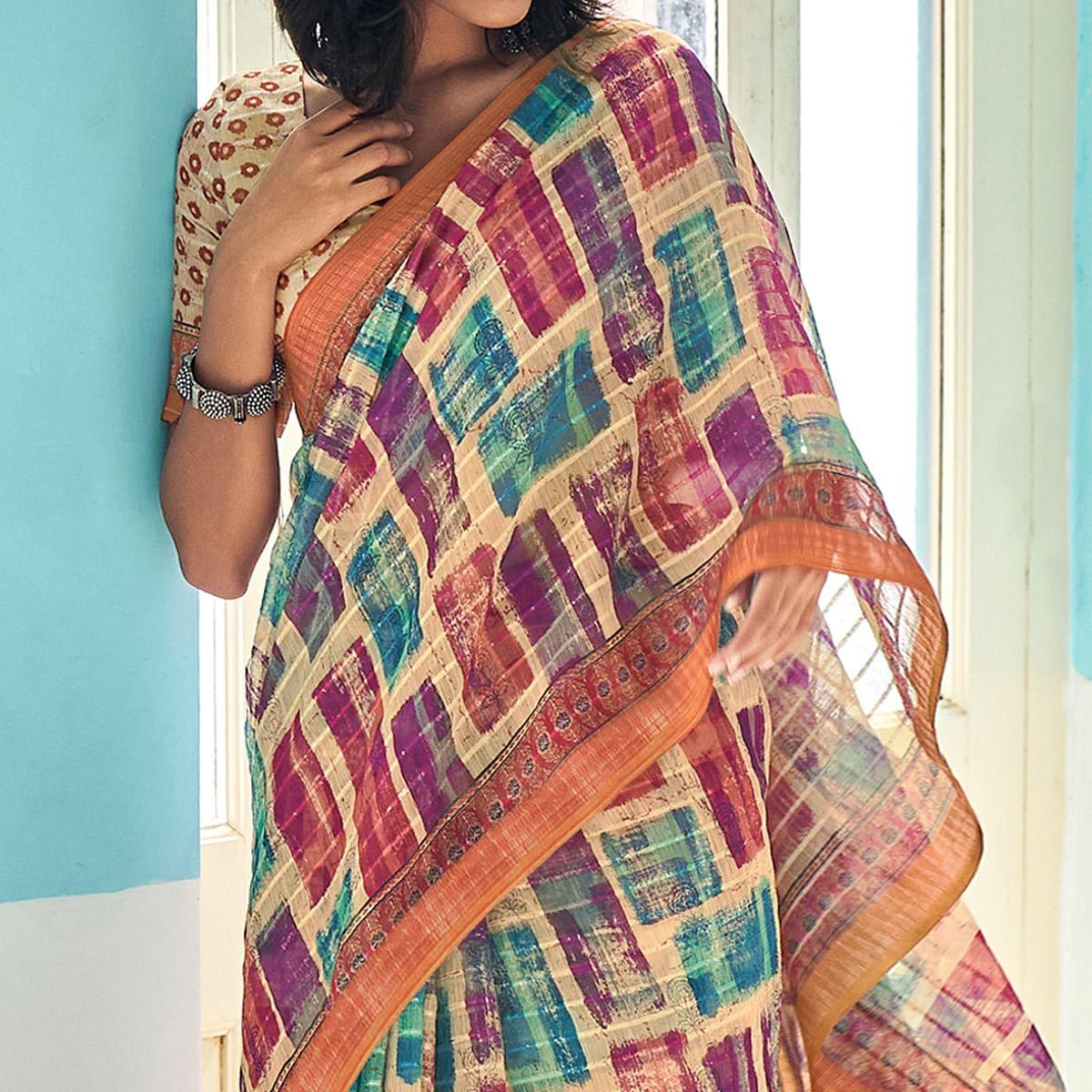 Multicolour Sequence Embroidered Linen Saree - Peachmode
