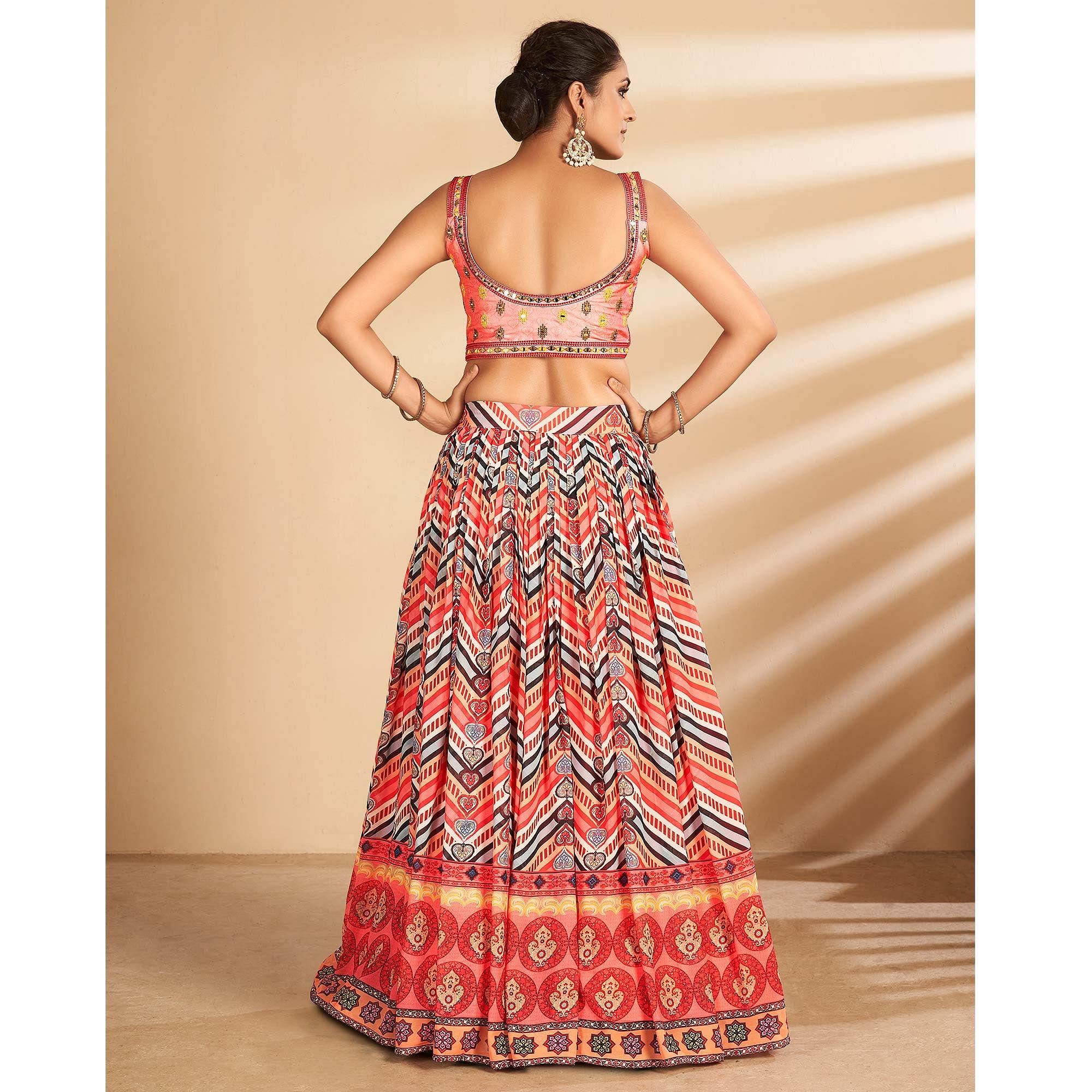 Multicolour Stripe Printed Art Silk Lehenga Choli - Peachmode