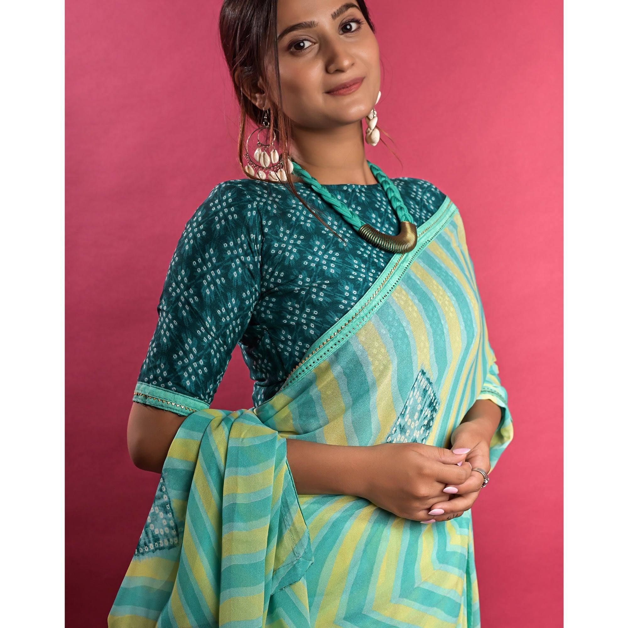 Multicolour Stripe Printed Chiffon Saree - Peachmode