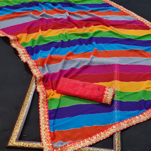 Multicolour Stripe Printed Georgette Saree - Peachmode