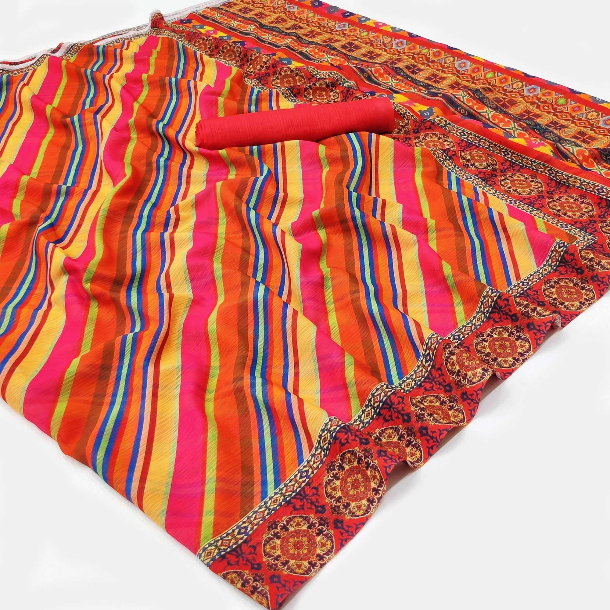Multicolour Stripe Printed Georgette Saree - Peachmode