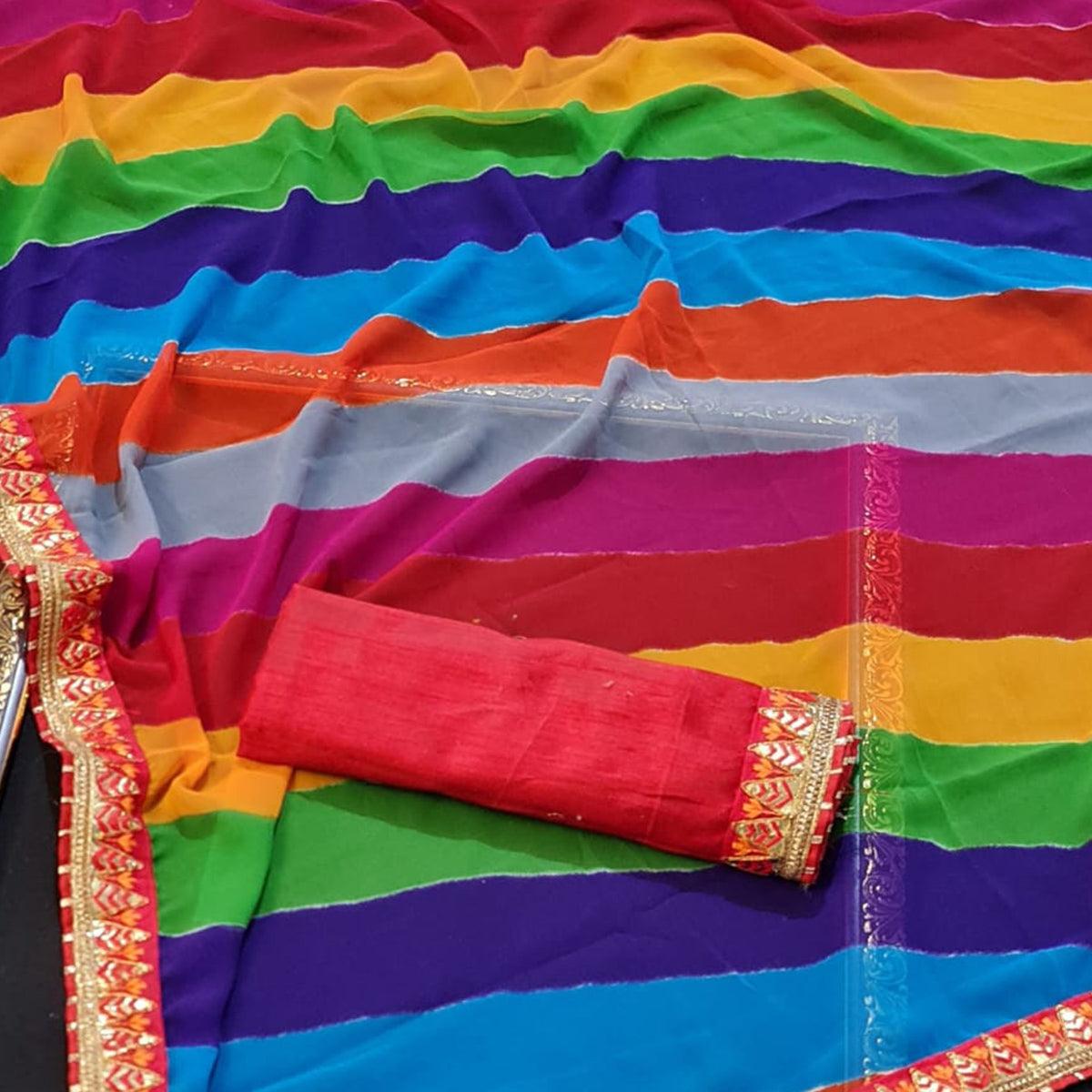 Multicolour Stripe Printed Georgette Saree - Peachmode