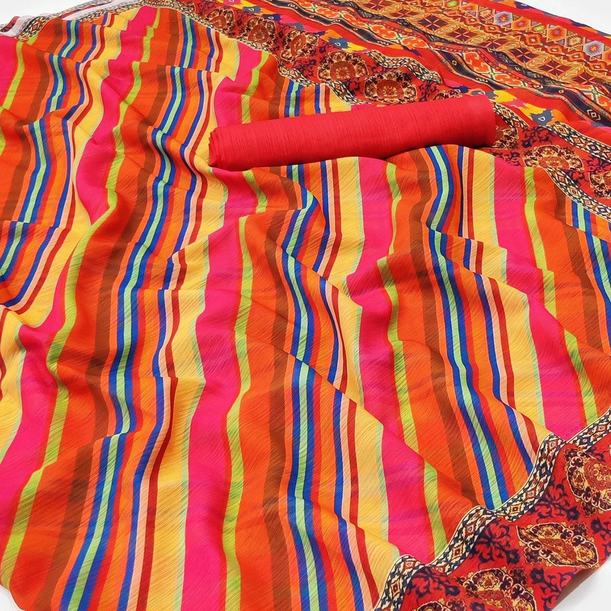 Multicolour Stripe Printed Georgette Saree - Peachmode