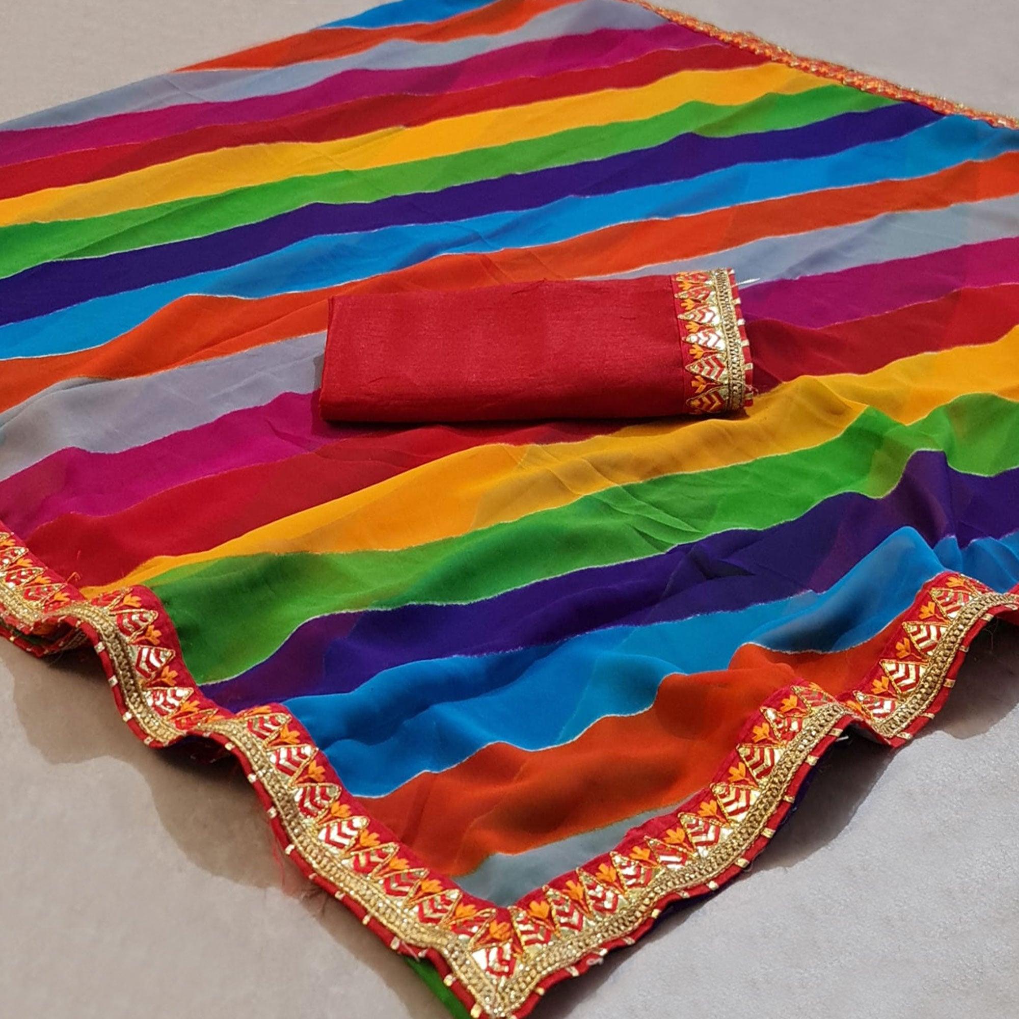 Multicolour Stripe Printed Georgette Saree - Peachmode