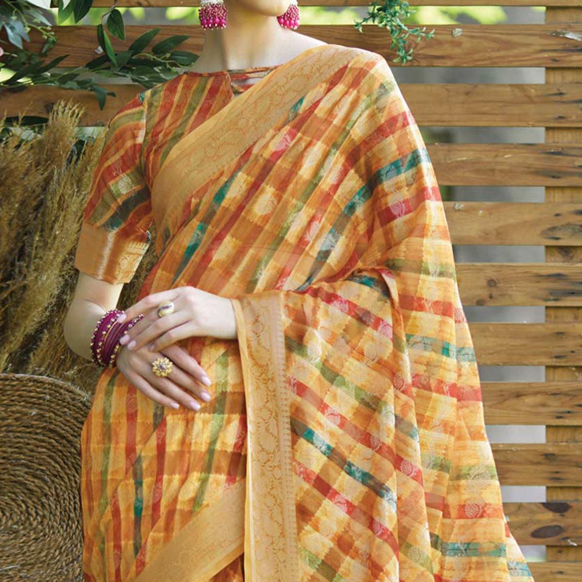 Multicolour Stripes Printed Art Silk Saree With Tassels - Peachmode