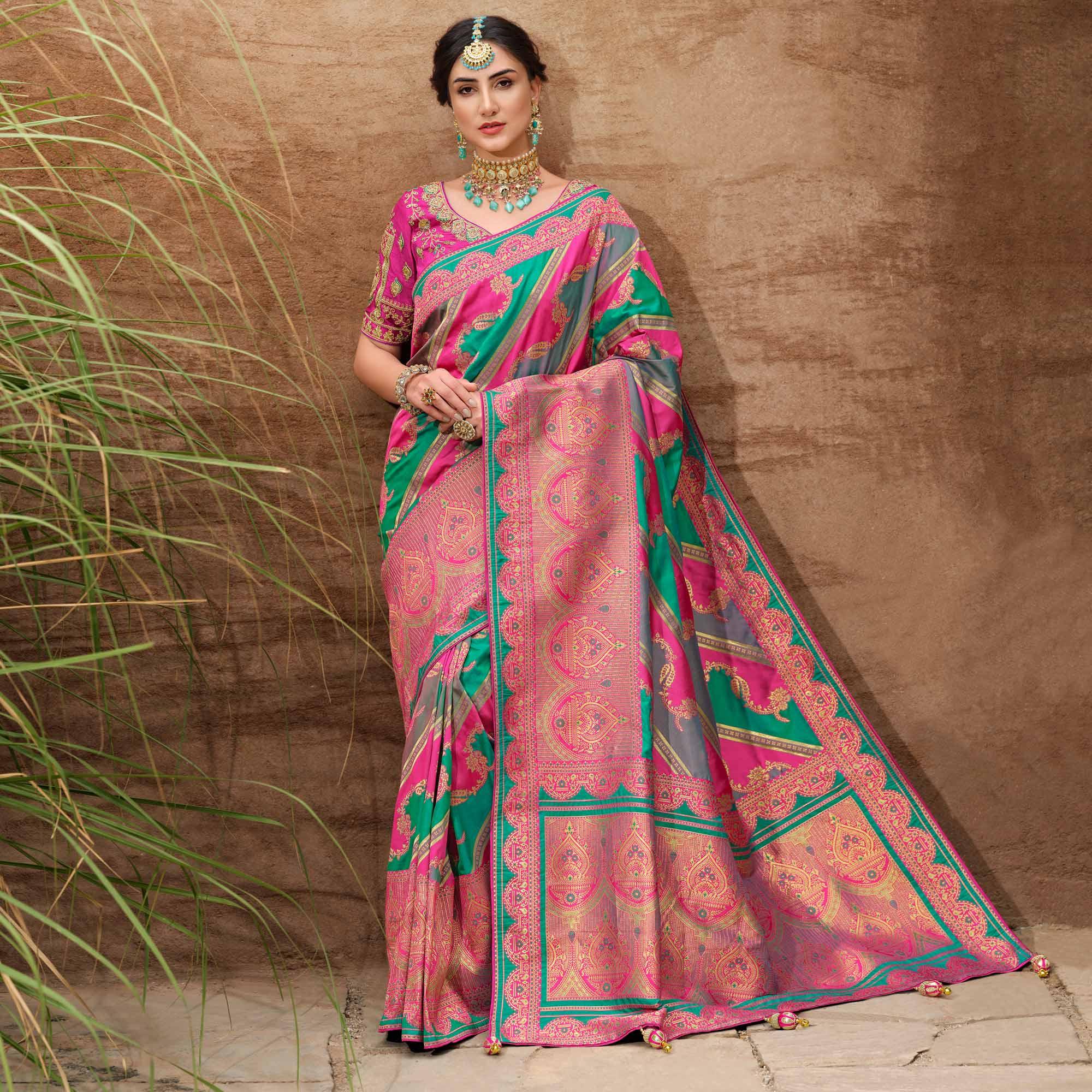 Multicolour Woven Banarasi Silk Saree With Tassels - Peachmode