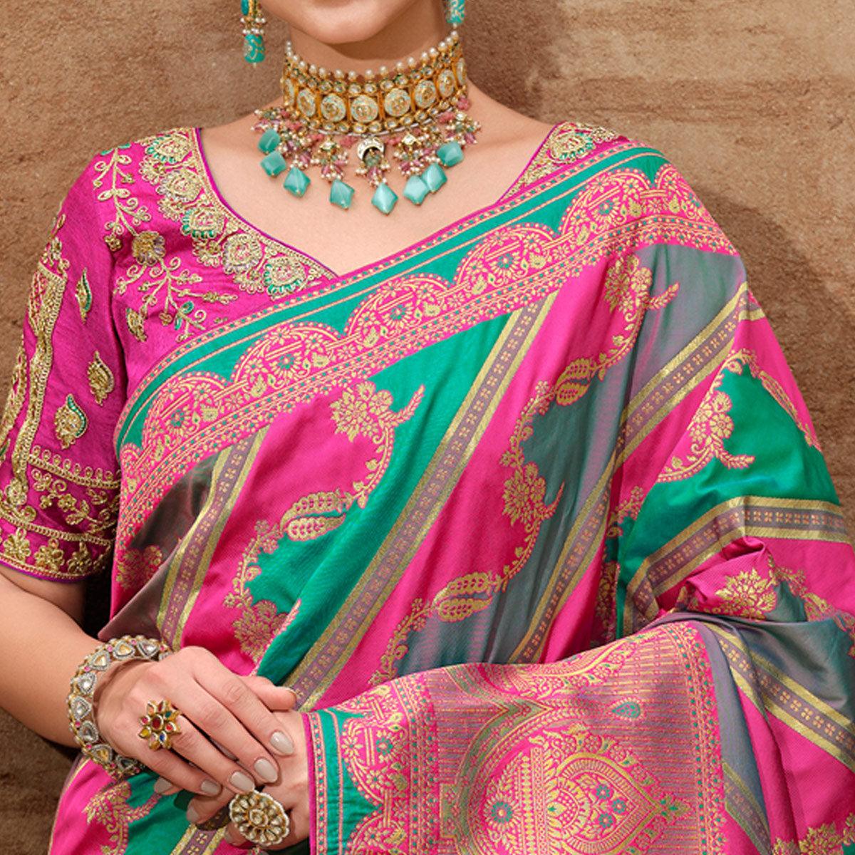 Multicolour Woven Banarasi Silk Saree With Tassels - Peachmode