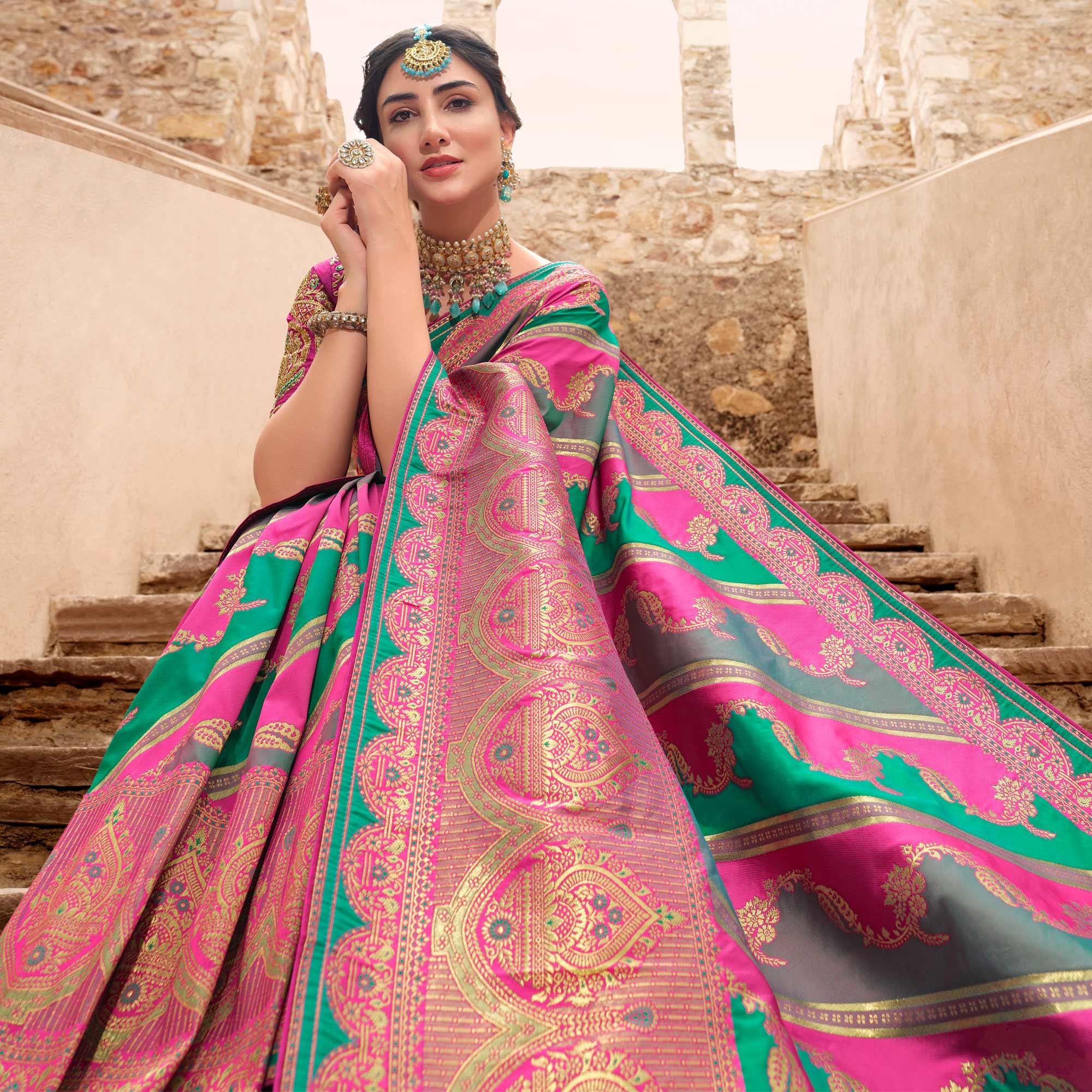 Multicolour Woven Banarasi Silk Saree With Tassels - Peachmode