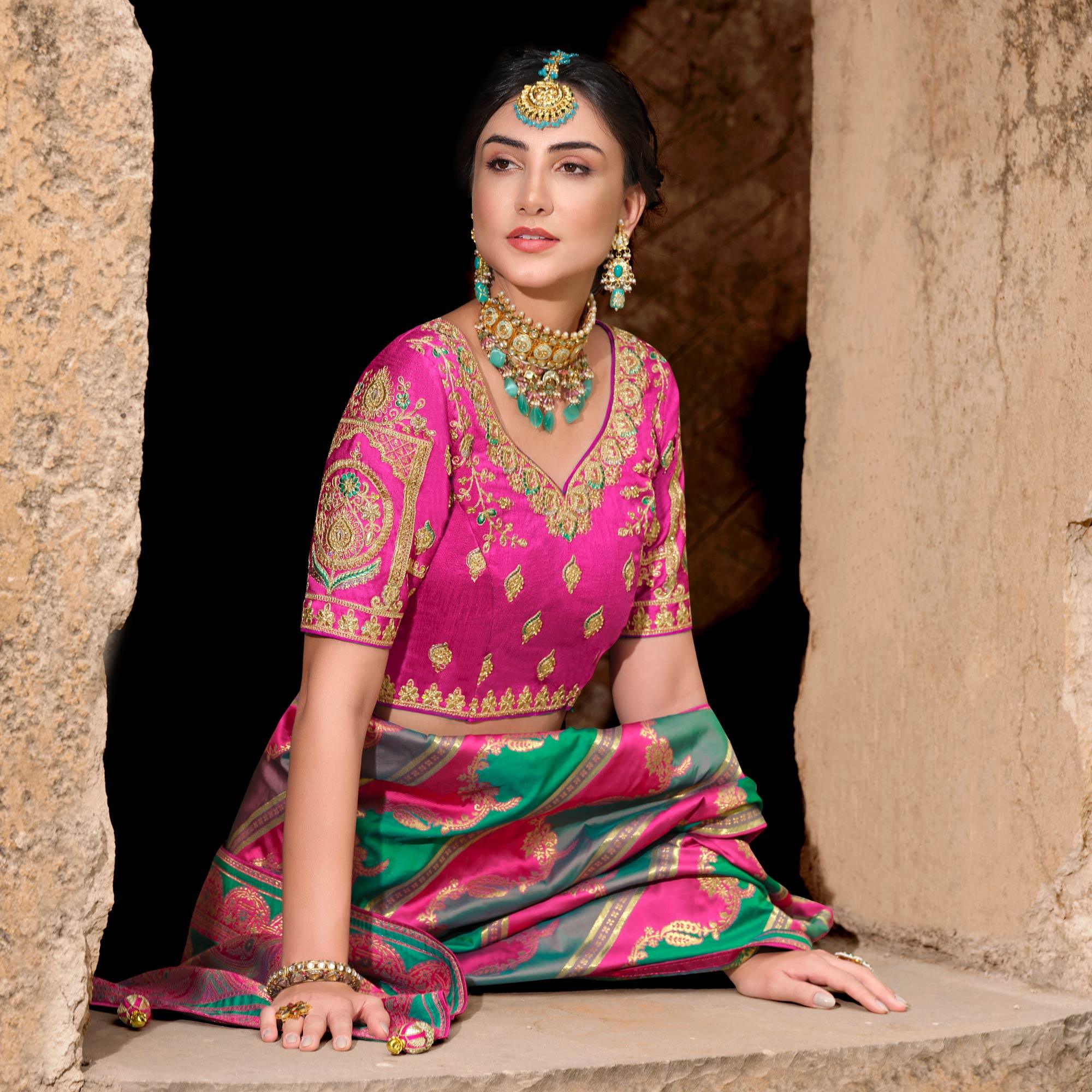 Multicolour Woven Banarasi Silk Saree With Tassels - Peachmode
