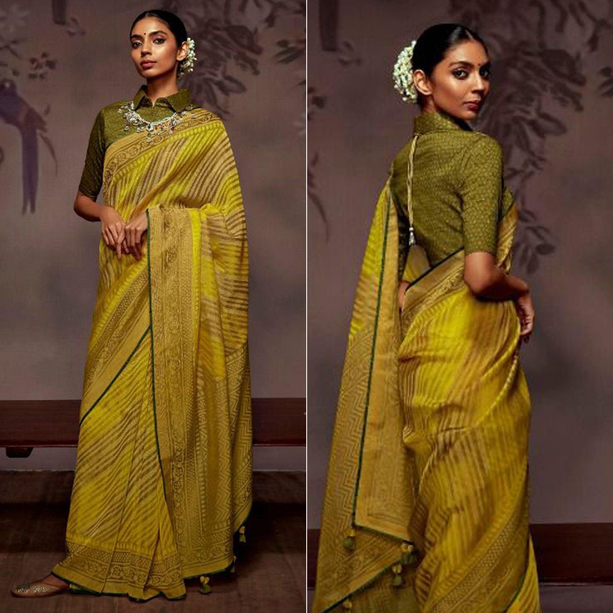Multicolour Woven Brasso Saree With Tassels - Peachmode