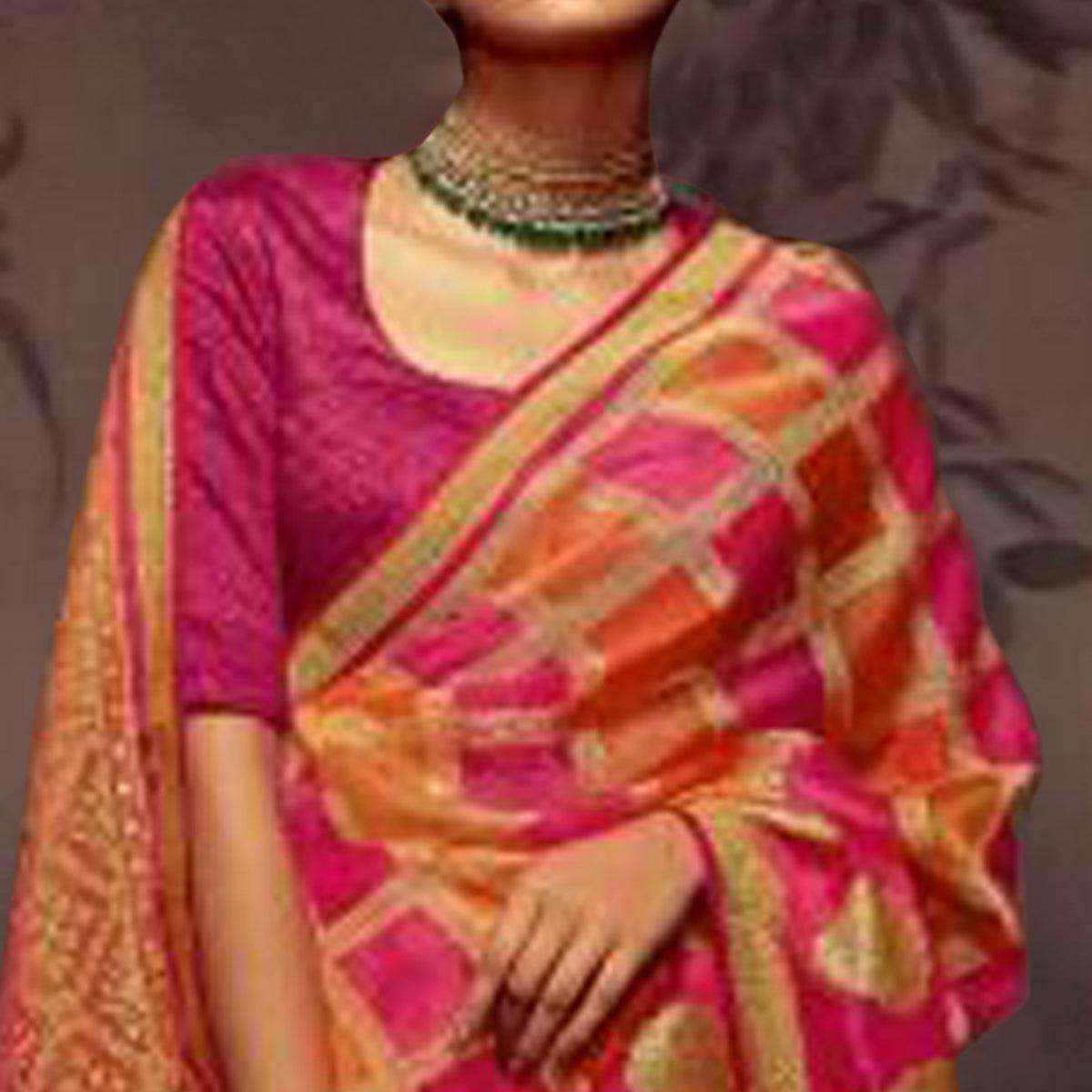 Multicolour Woven Brasso Saree With Tassels - Peachmode
