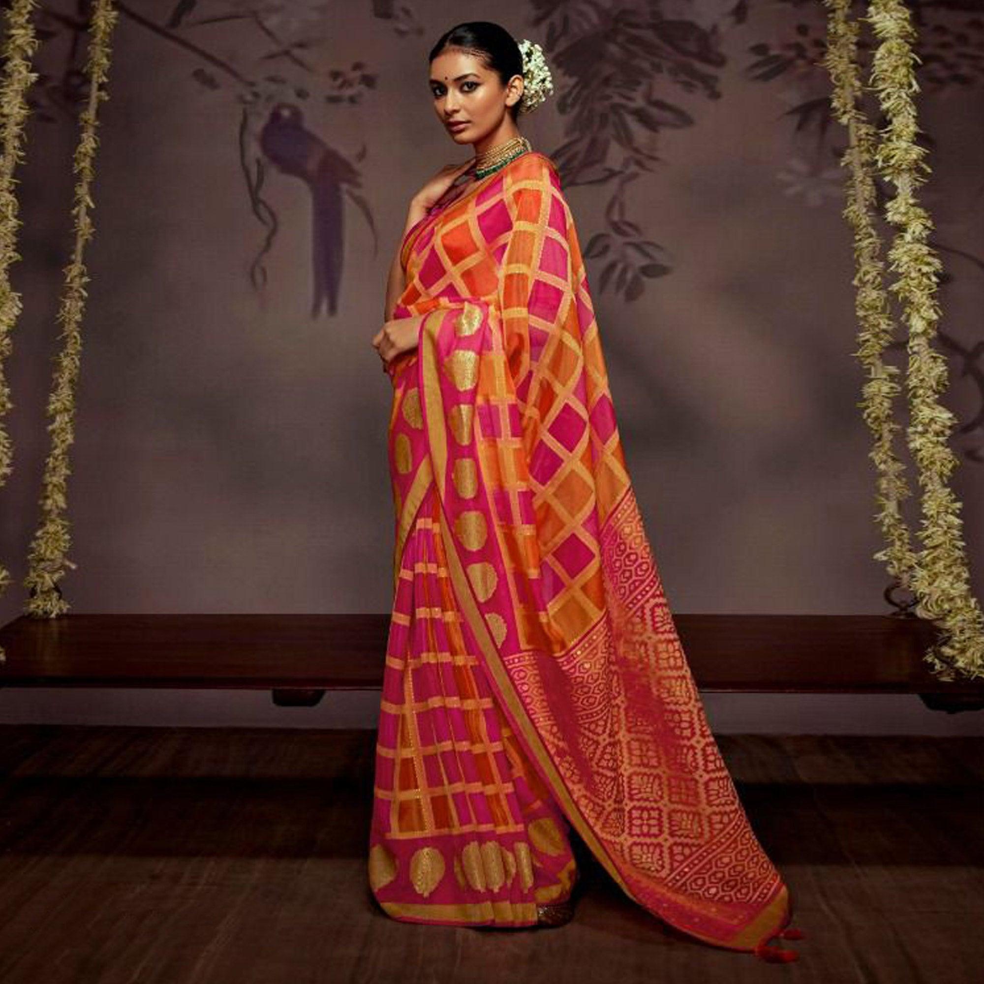 Multicolour Woven Brasso Saree With Tassels - Peachmode