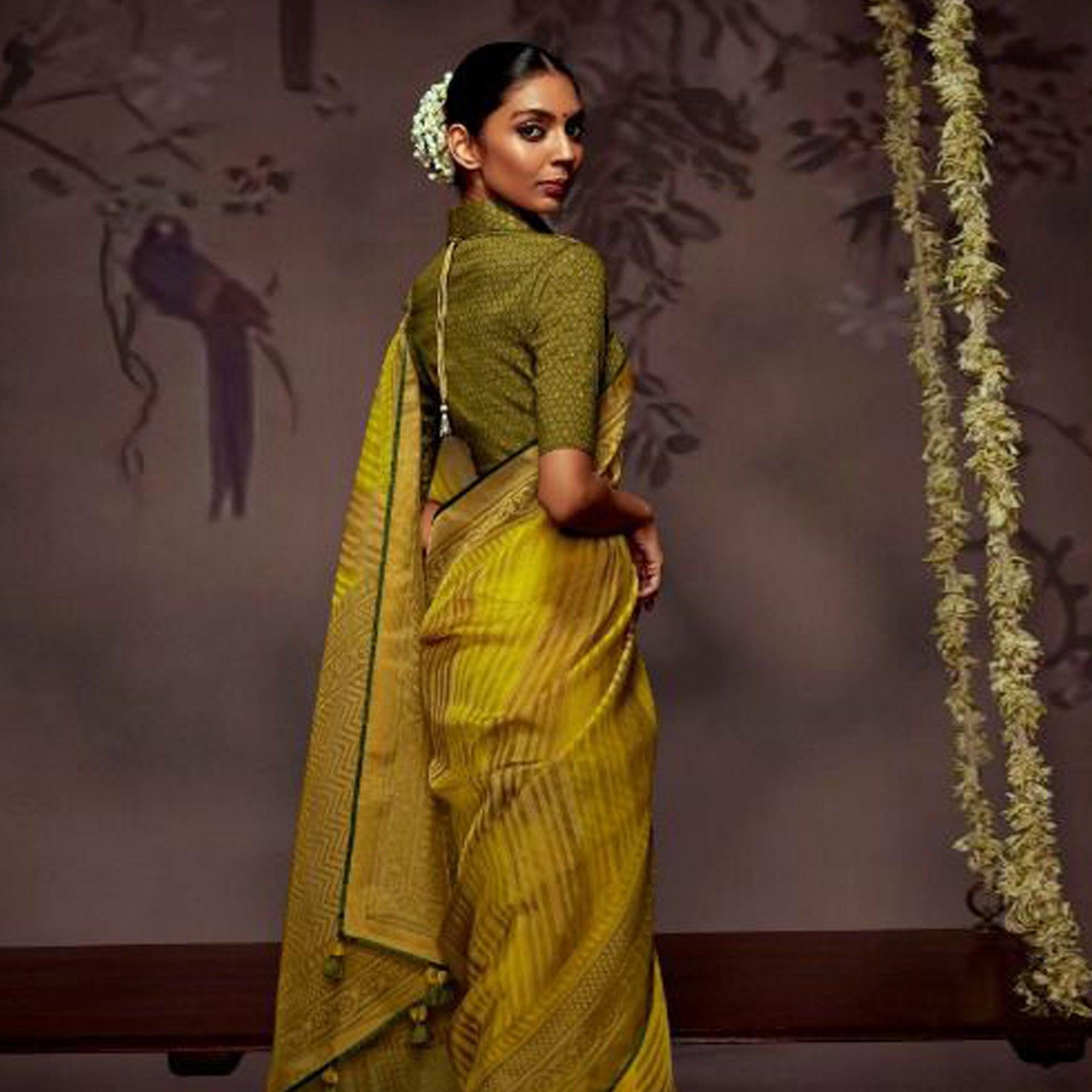 Multicolour Woven Brasso Saree With Tassels - Peachmode
