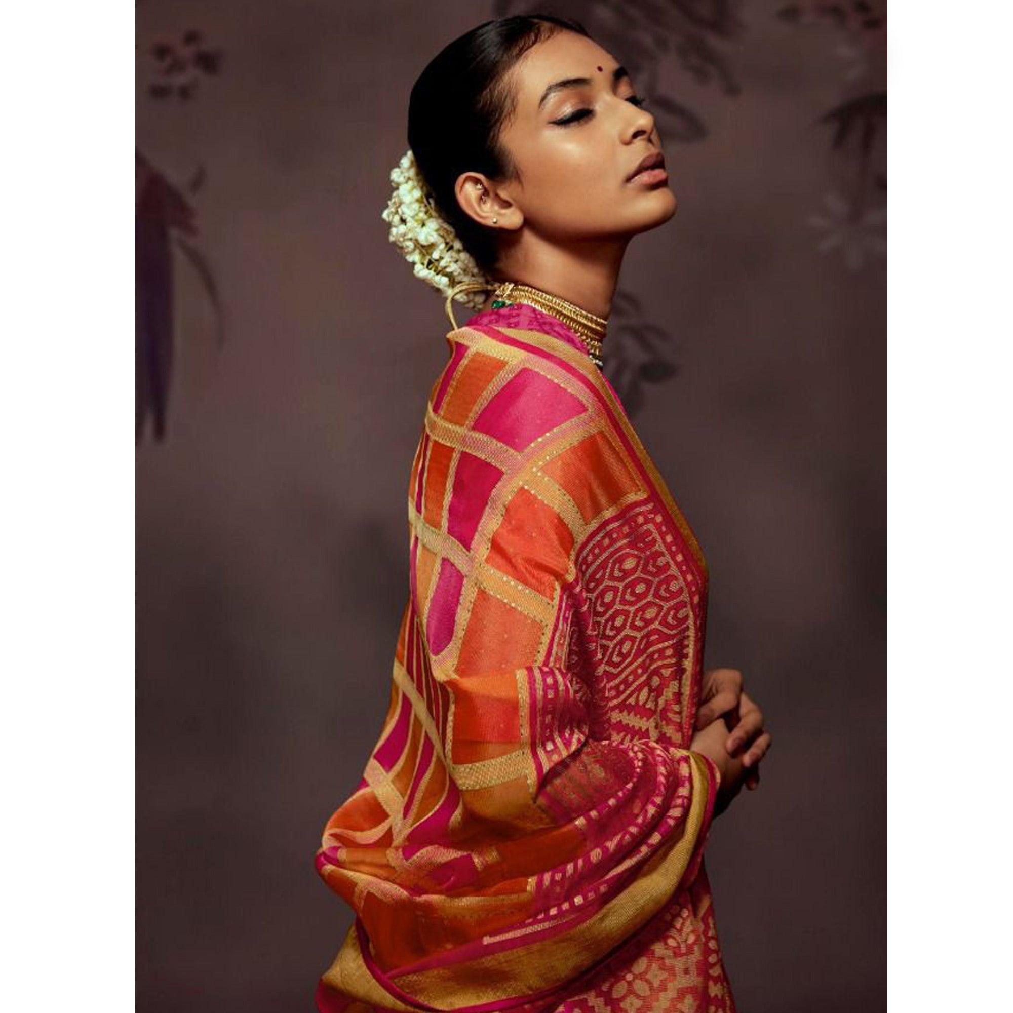 Multicolour Woven Brasso Saree With Tassels - Peachmode