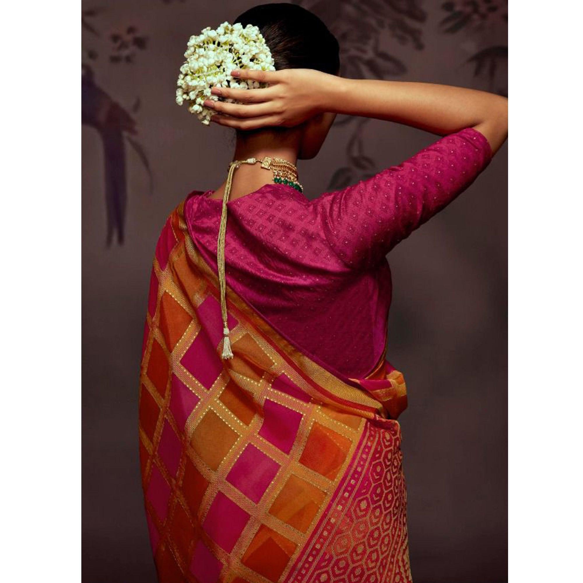 Multicolour Woven Brasso Saree With Tassels - Peachmode