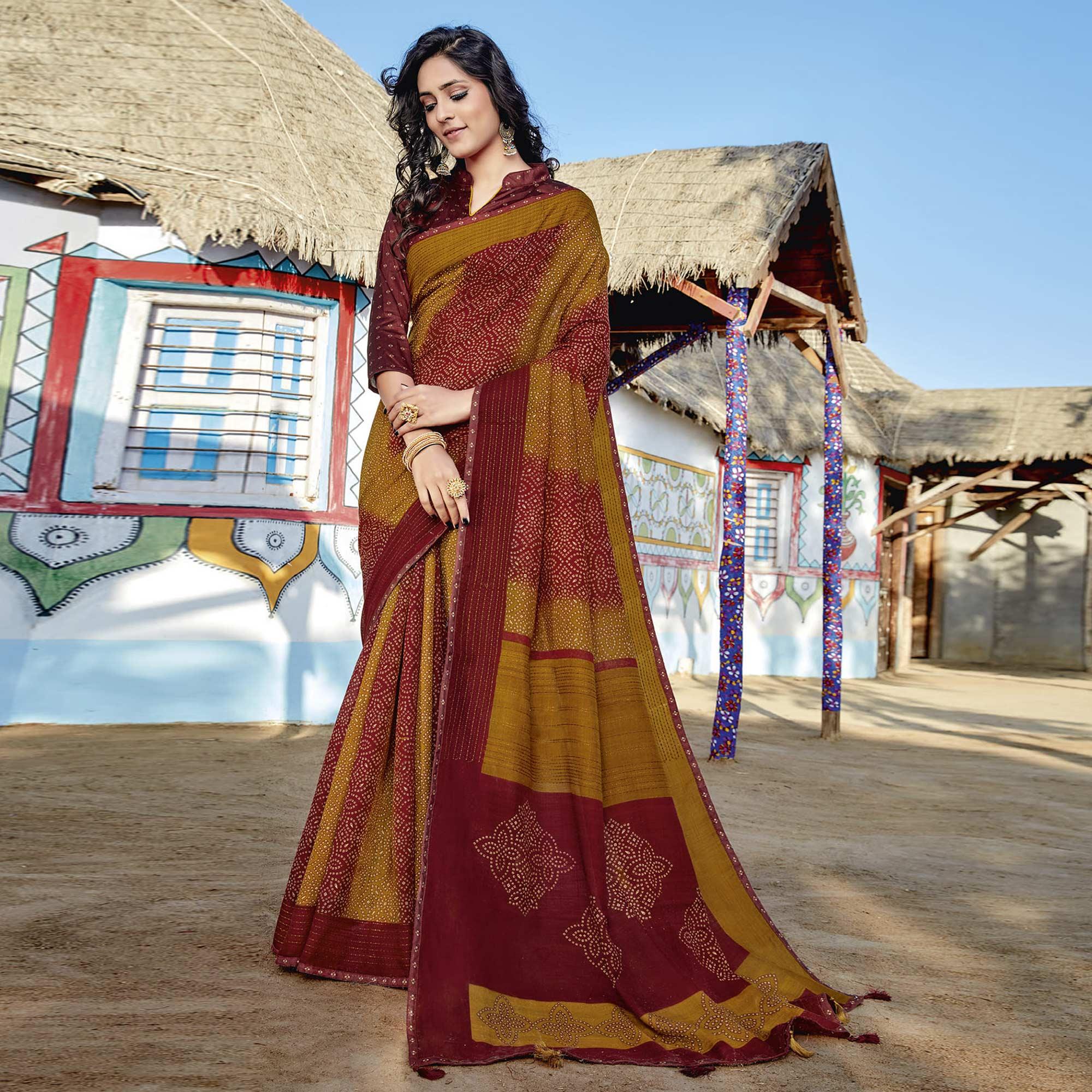 Mustard & Maroon Casual Wear Printed Cotton Silk Saree - Peachmode