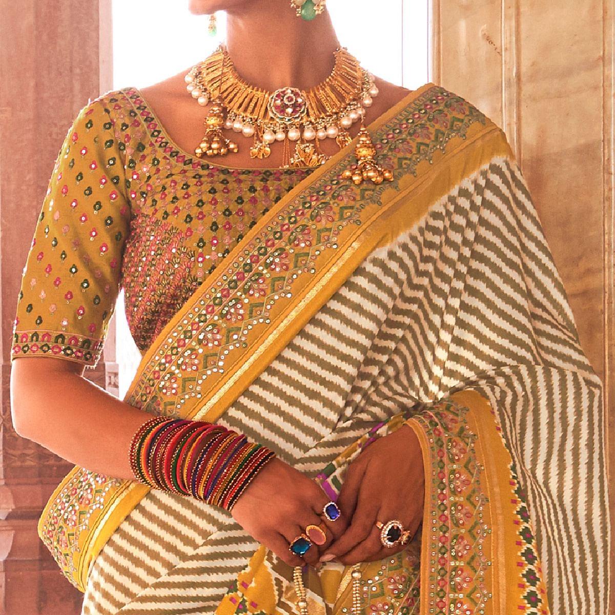 Mustard & Off White Patola Printed-Sequence Embroidered Pure Silk Saree - Peachmode