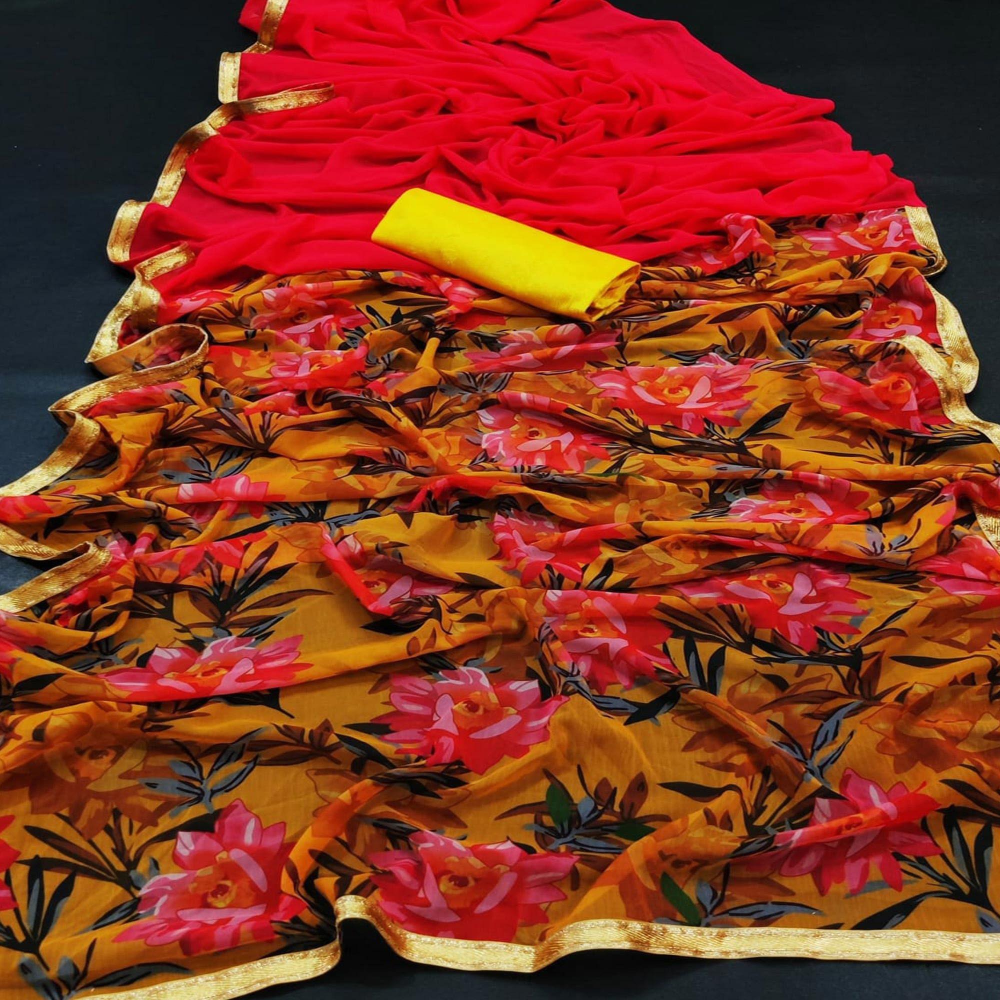 Mustard & Pink Casual Wear Printed Georgette Saree - Peachmode