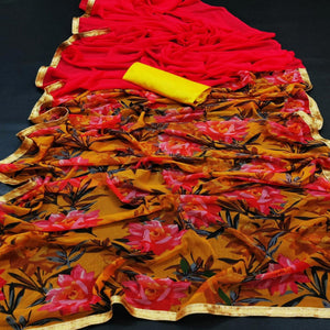 Mustard & Pink Casual Wear Printed Georgette Saree - Peachmode