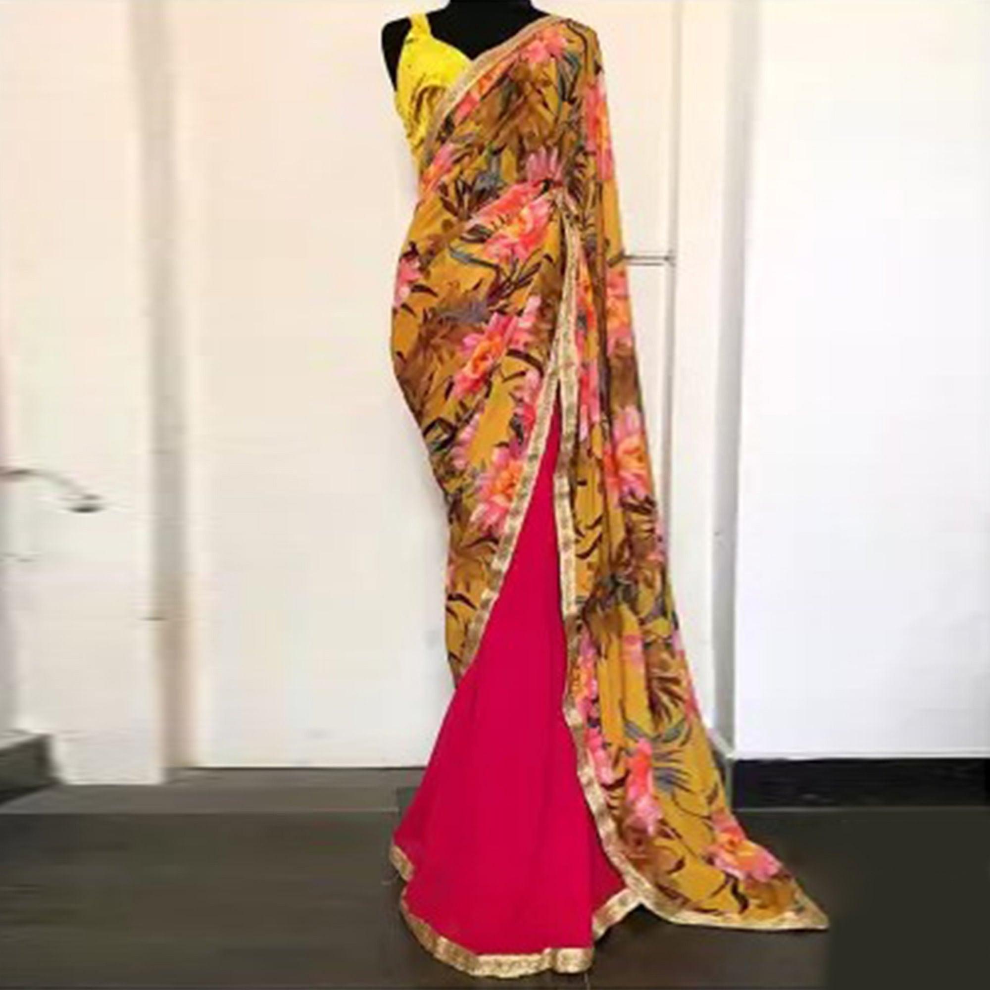 Mustard & Pink Casual Wear Printed Georgette Saree - Peachmode