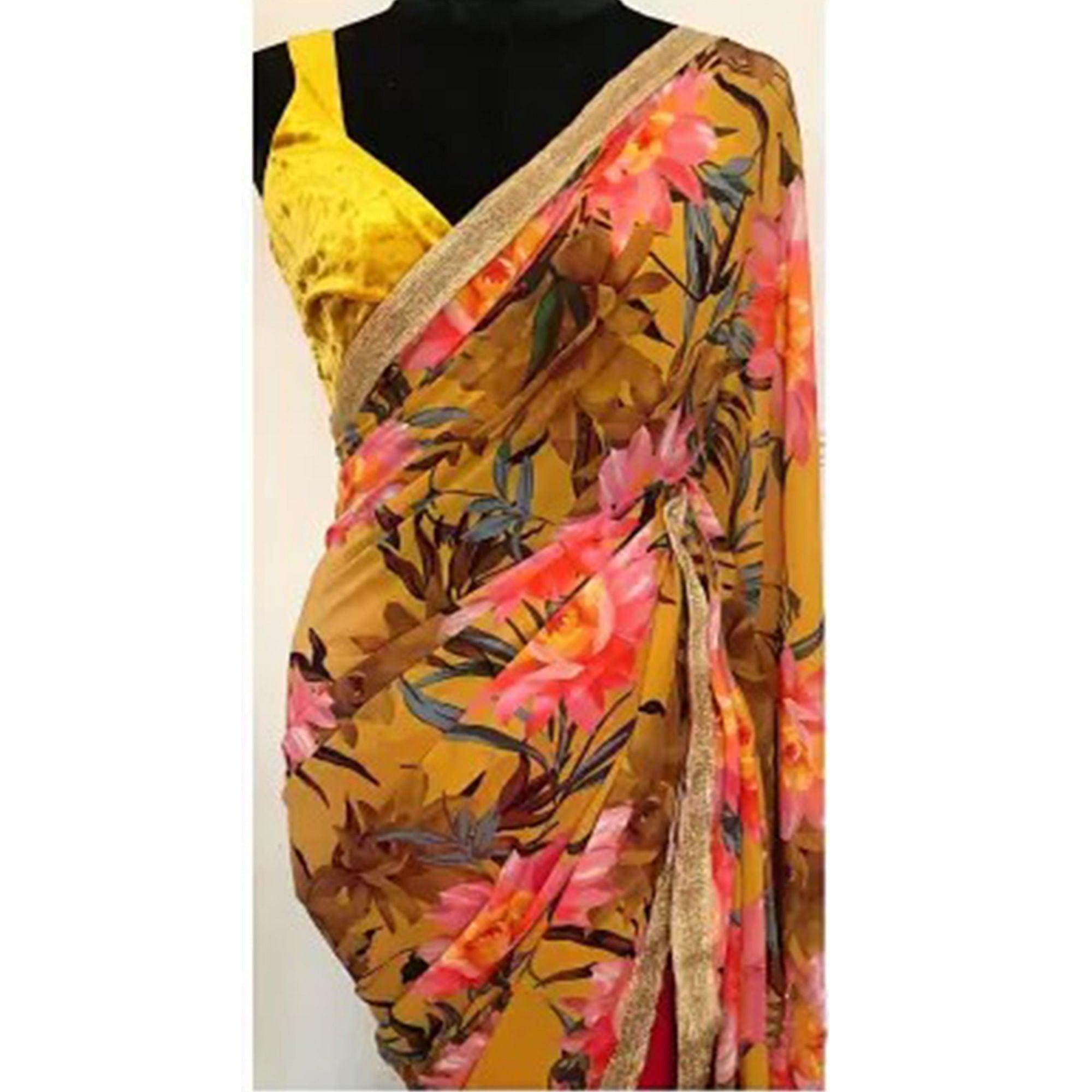 Mustard & Pink Casual Wear Printed Georgette Saree - Peachmode