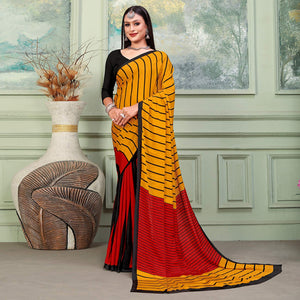 Mustard & Red Printed Raw Silk Saree - Peachmode