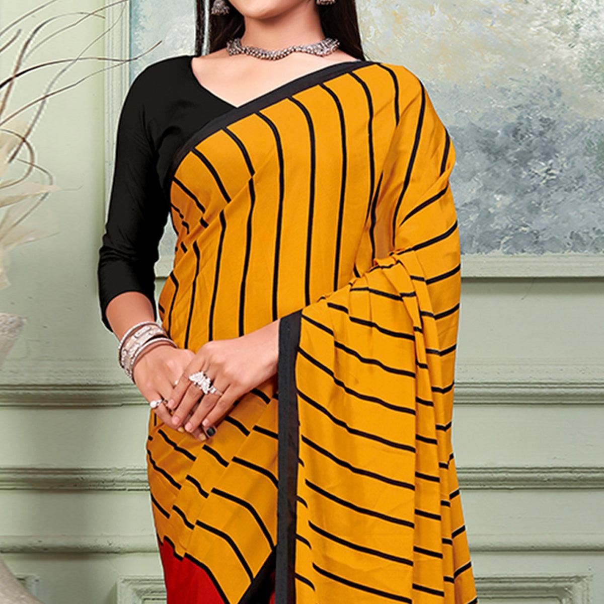 Mustard & Red Printed Raw Silk Saree - Peachmode