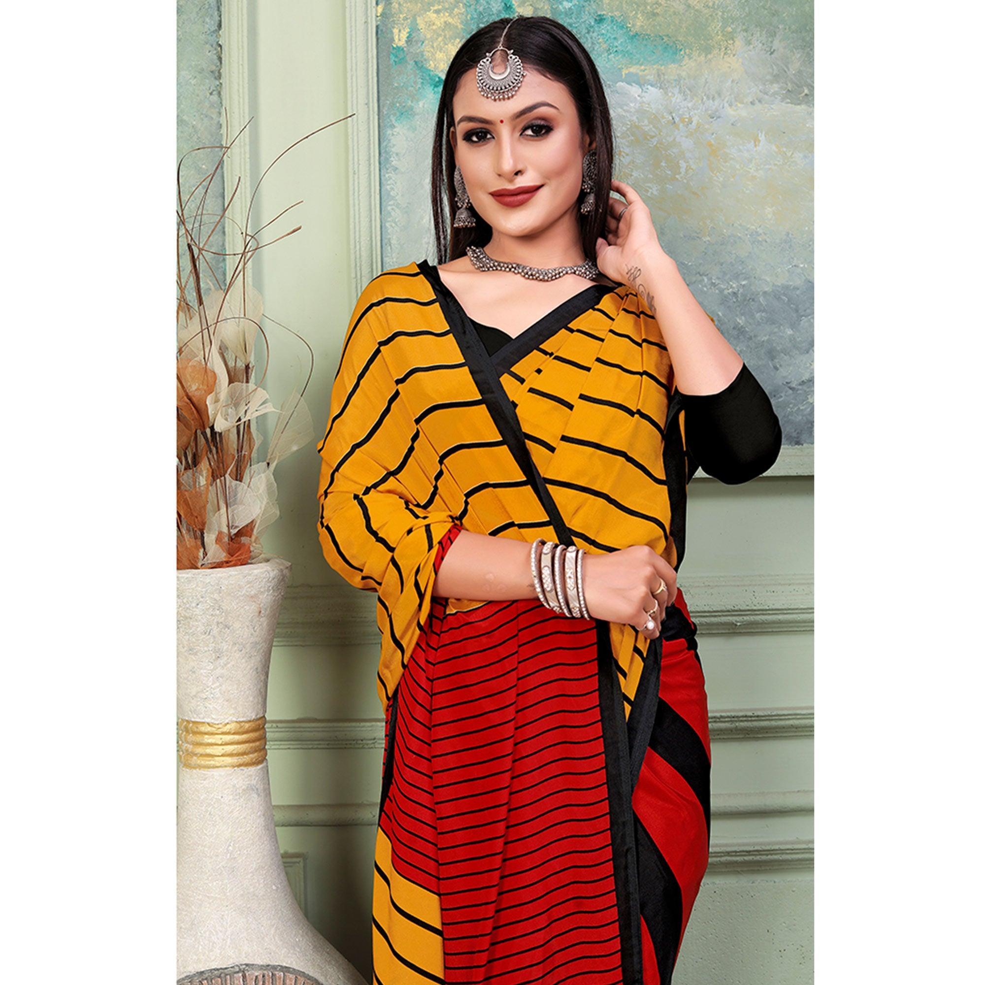 Mustard & Red Printed Raw Silk Saree - Peachmode
