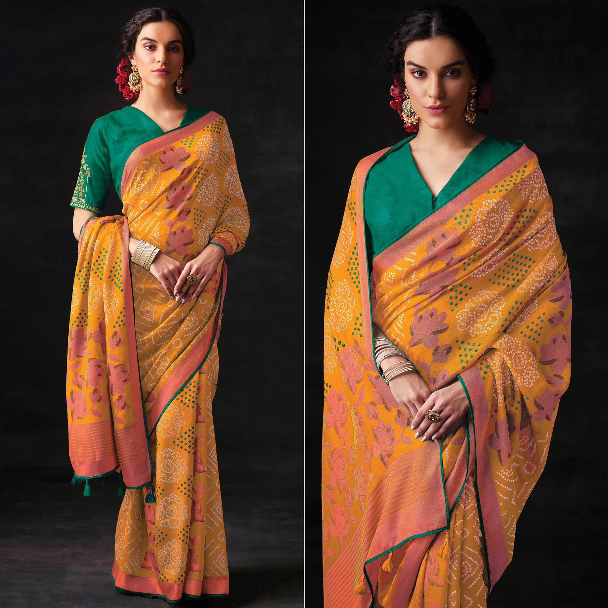 Mustard Bandhani Printed Brasso Saree - Peachmode
