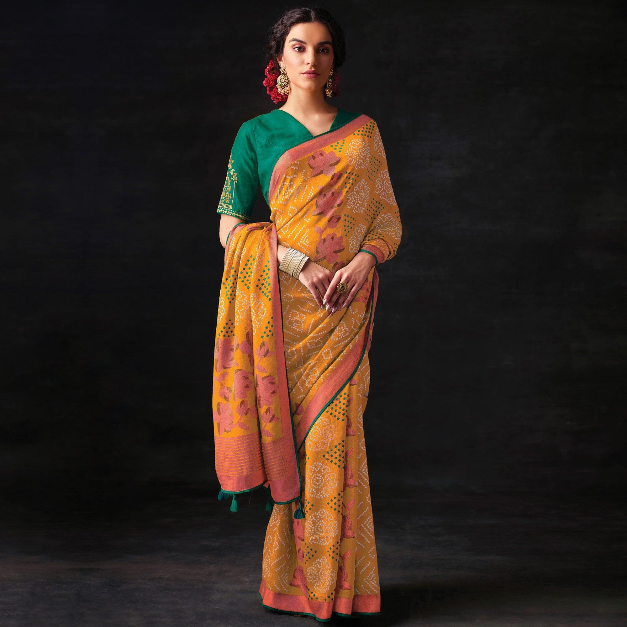 Mustard Bandhani Printed Brasso Saree - Peachmode