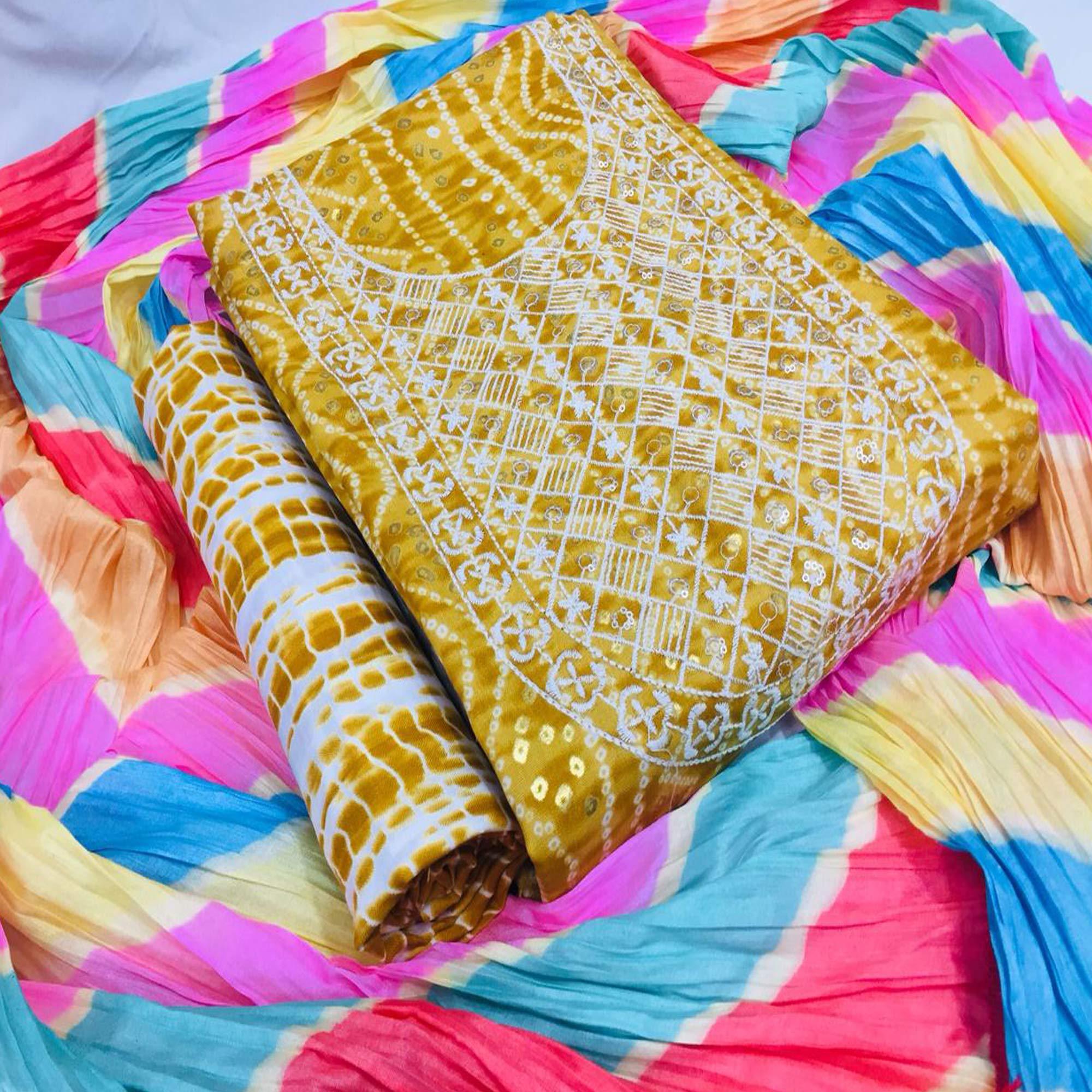 Mustard Bandhani Printed With Embellished Cotton Blend Dress Material - Peachmode