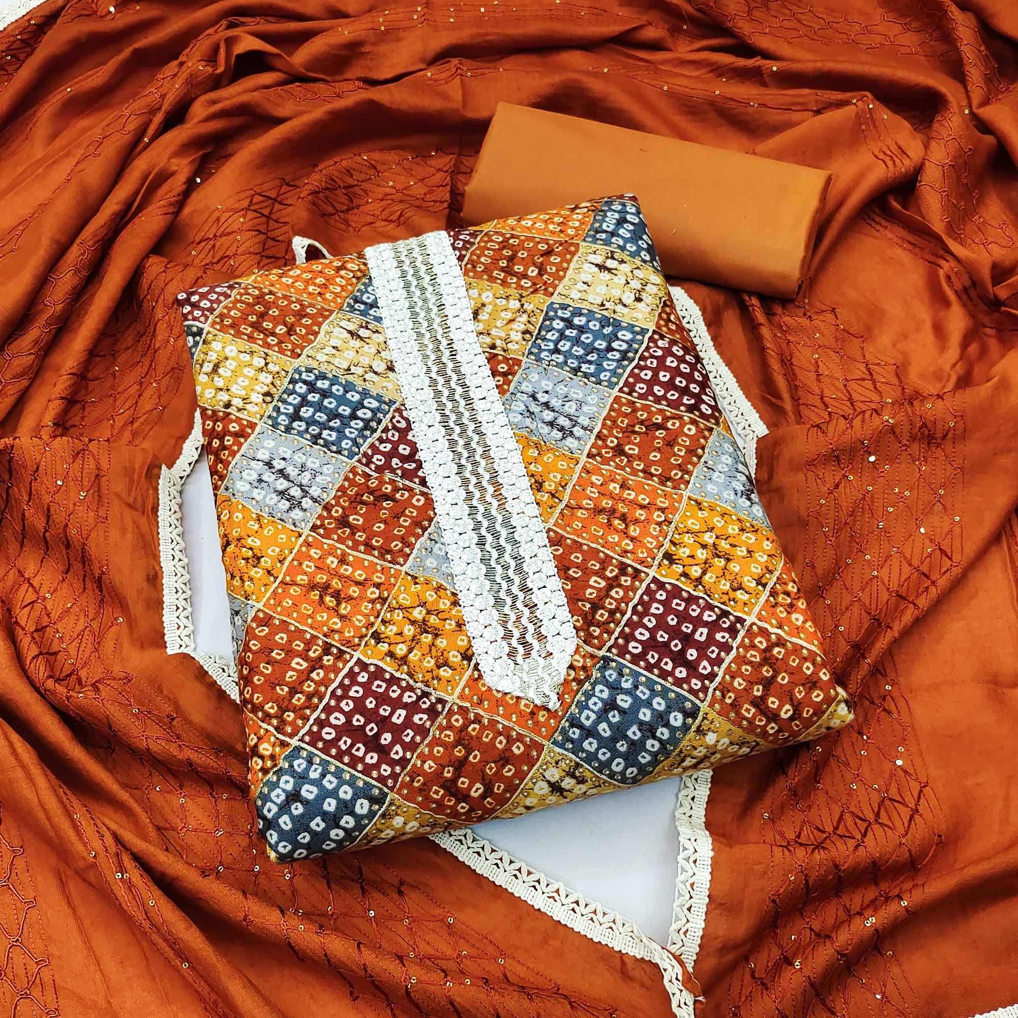 Mustard Bandhani Printed With Sequence Work Pure Cotton Dress Material - Peachmode