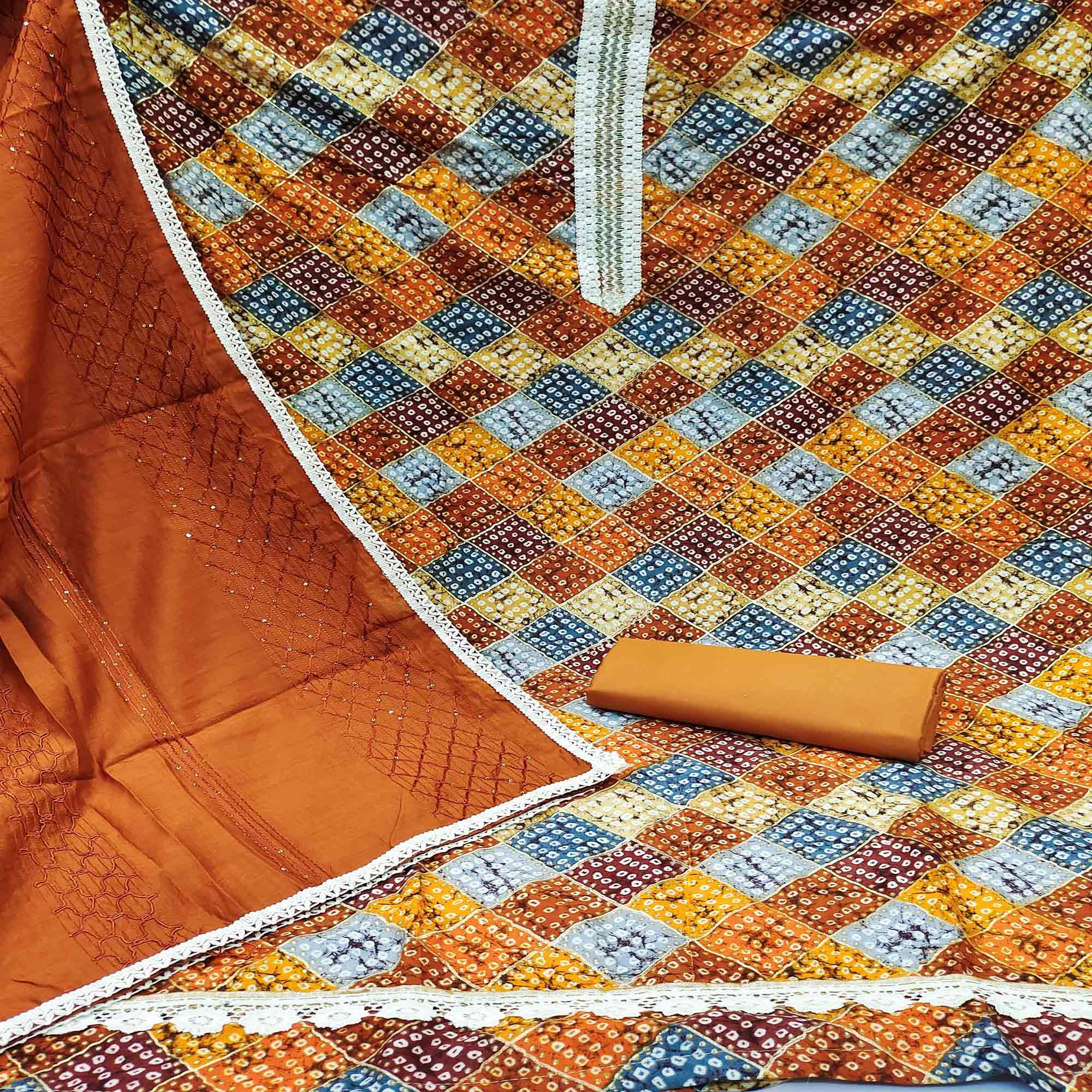 Mustard Bandhani Printed With Sequence Work Pure Cotton Dress Material - Peachmode