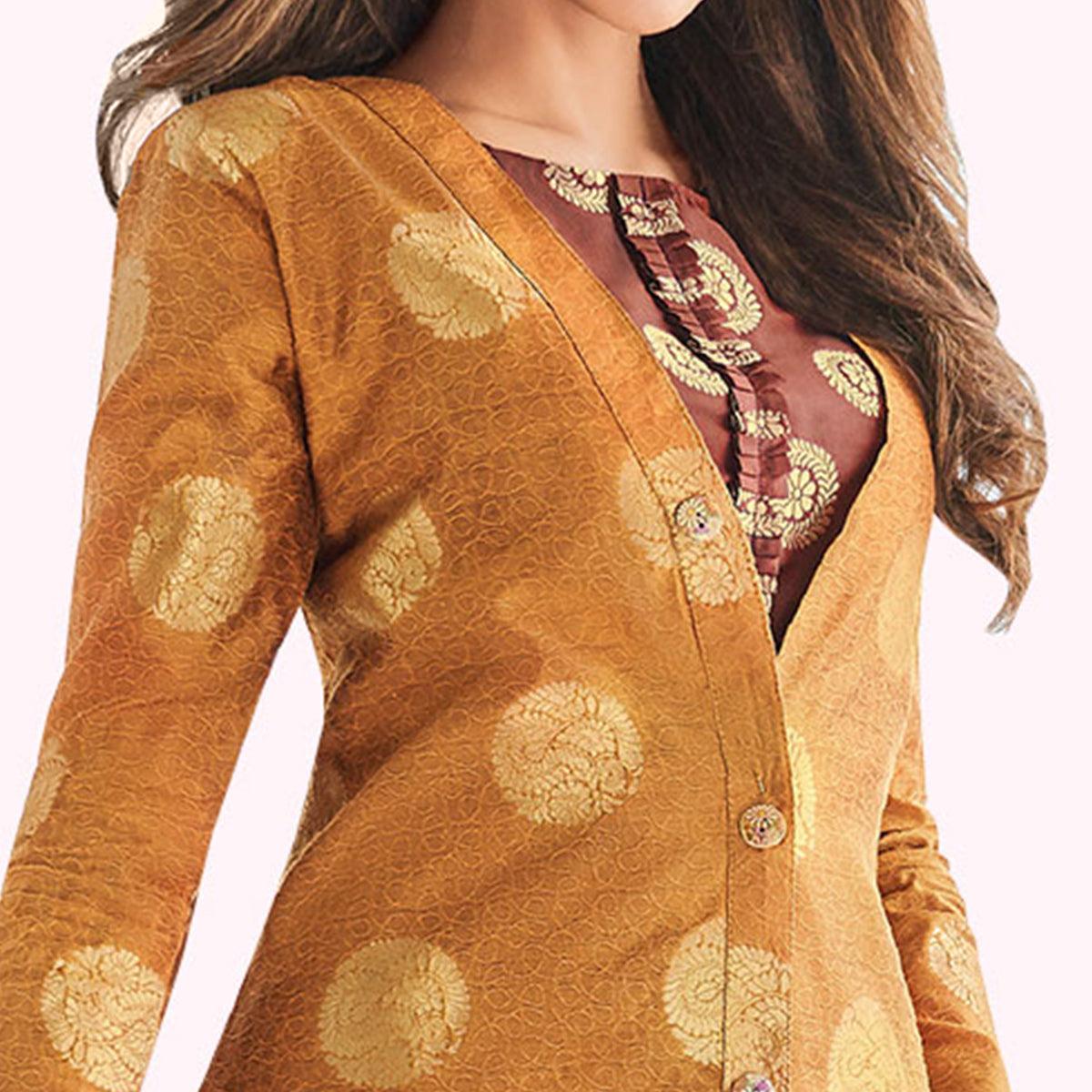 Mustard - Brown Woven Raw Silk Lehenga Choli With Koti - Peachmode