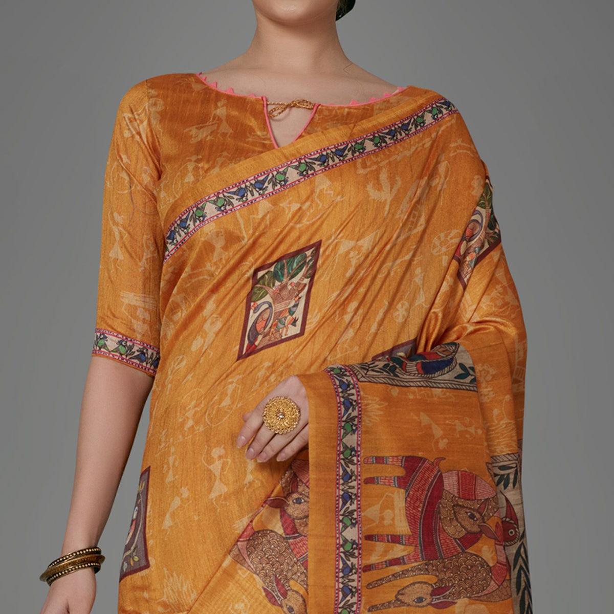 Mustard Casual Art Silk Printed Saree With Unstitched Blouse - Peachmode